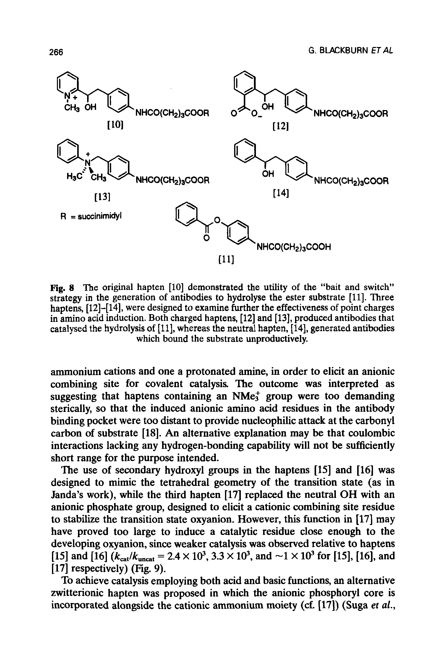 Fig. 8 The original hapten [10] demonstrated the utility of the bait and switch strategy in the generation of antibodies to hydrolyse the ester substrate [11]. Three haptens, [12]-[14], were designed to examine further the effectiveness of point charges in amino acid induction. Both charged haptens, [12] and [13], produced antibodies that catalysed the hydrolysis of [11], whereas the neutral hapten, [14], generated antibodies which bound the substrate unproductively.