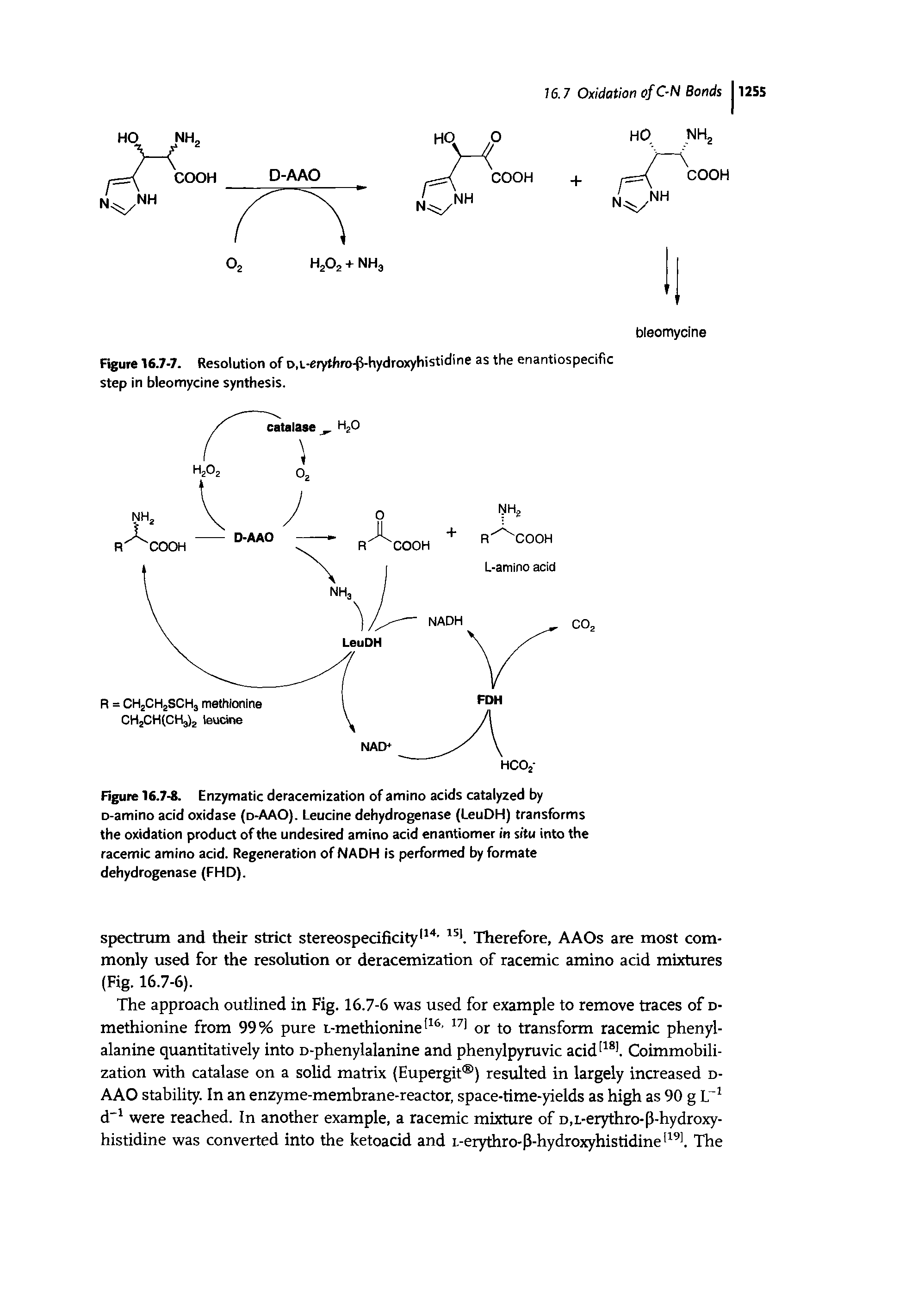 Figure 16.7-8. Enzymatic deracemization of amino acids catalyzed by D-amino acid oxidase (d-AAO). Leucine dehydrogenase (LeuDH) transforms the oxidation product of the undesired amino acid enantiomer in situ into the racemic amino acid. Regeneration of NADH is performed by formate dehydrogenase (FHD).