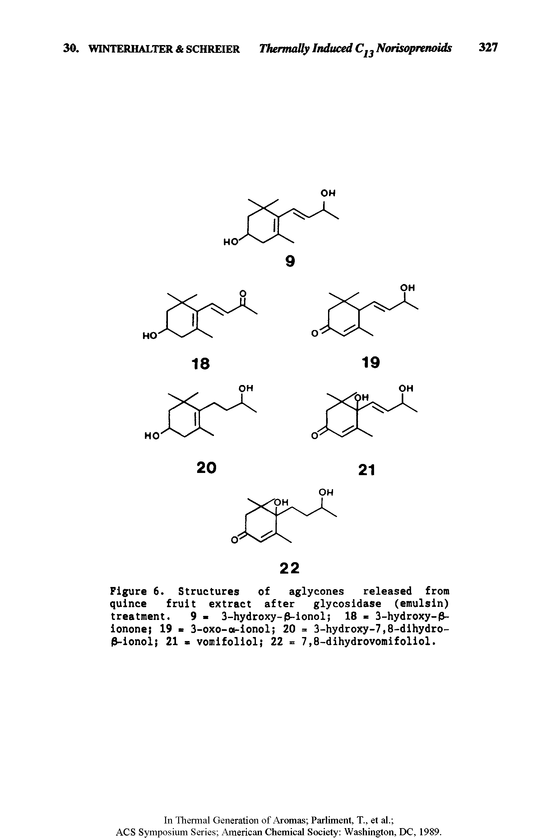 Figure 6. Structures of aglycones released from quince fruit extract after glycosidase (emulsin) treatment. 9 - 3-hydroxy-0-ionol 18 3-hydroxy- 3-ionone 19 > 3-oxo-o-ionol 20 = 3-hydroxy-7,8-dihydro-P-ionol 21 vomifoliol 22 = 7,8-dihydrovomifoliol.