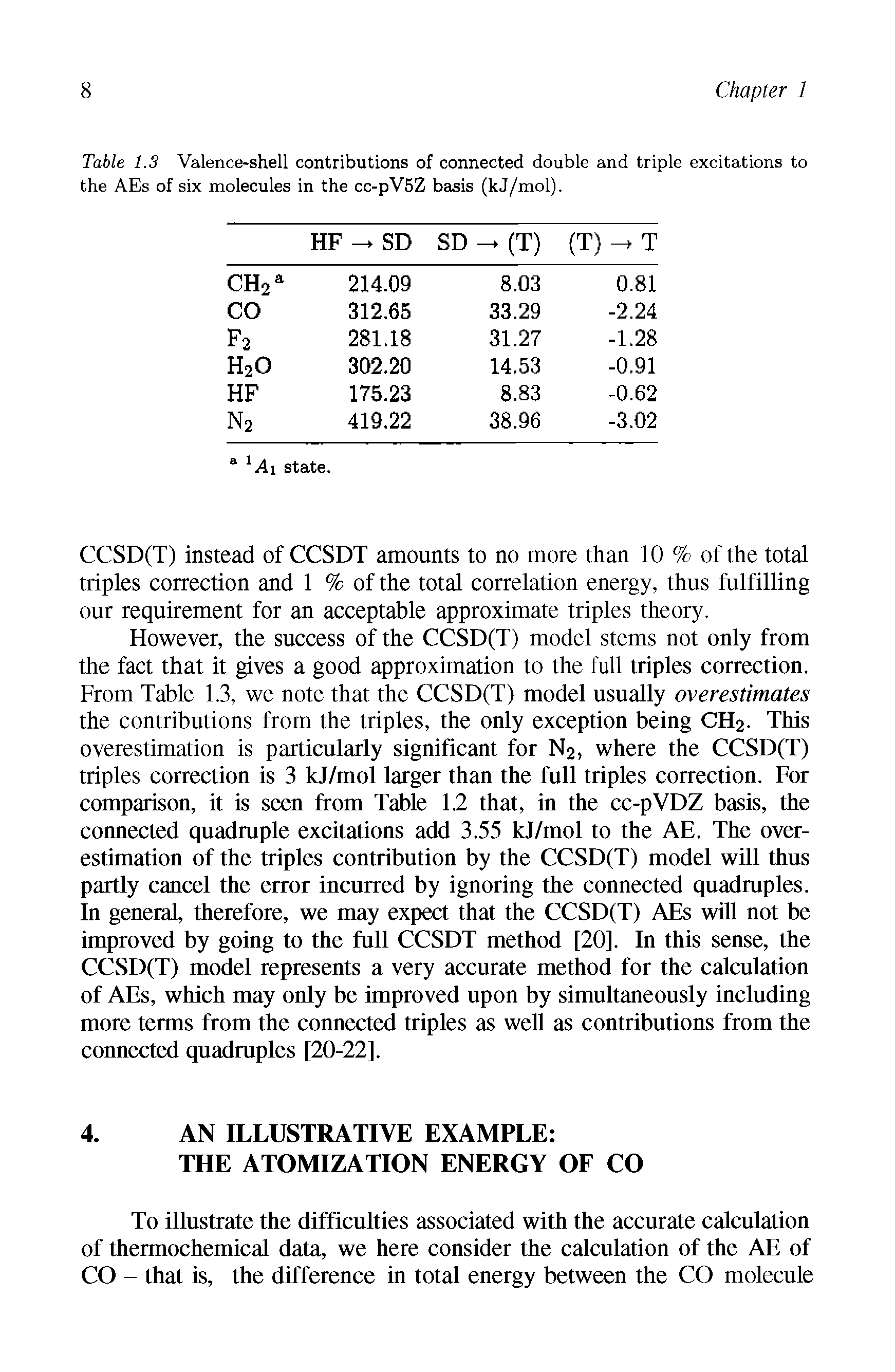 Table 1.3 Valence-shell contributions of connected double and triple excitations to the AEs of six molecules in the cc-pV5Z basis (kJ/mol).