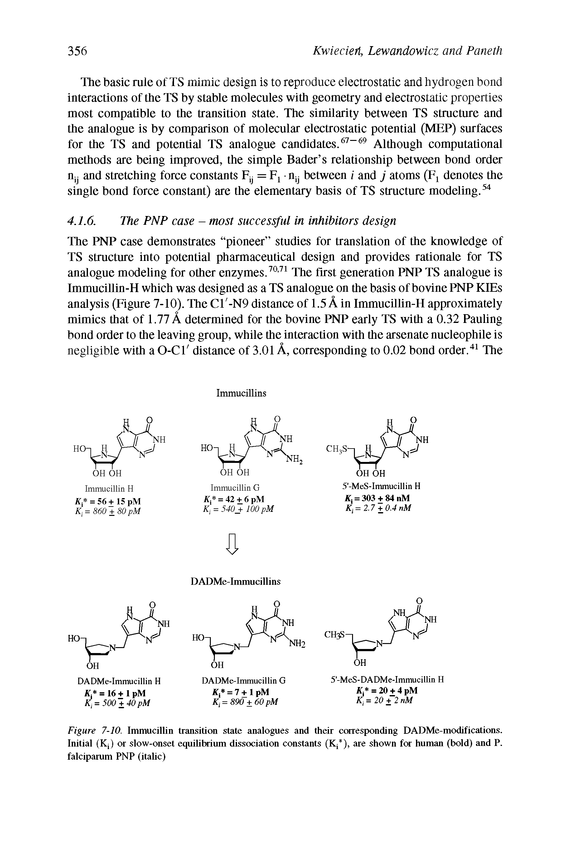 Figure 7-10. Immucillin transition state analogues and their corresponding DADMe-modifications. Initial (Kj) or slow-onset equilibrium dissociation constants (Kj ), are shown for human (bold) and P. falciparum PNP (italic)...