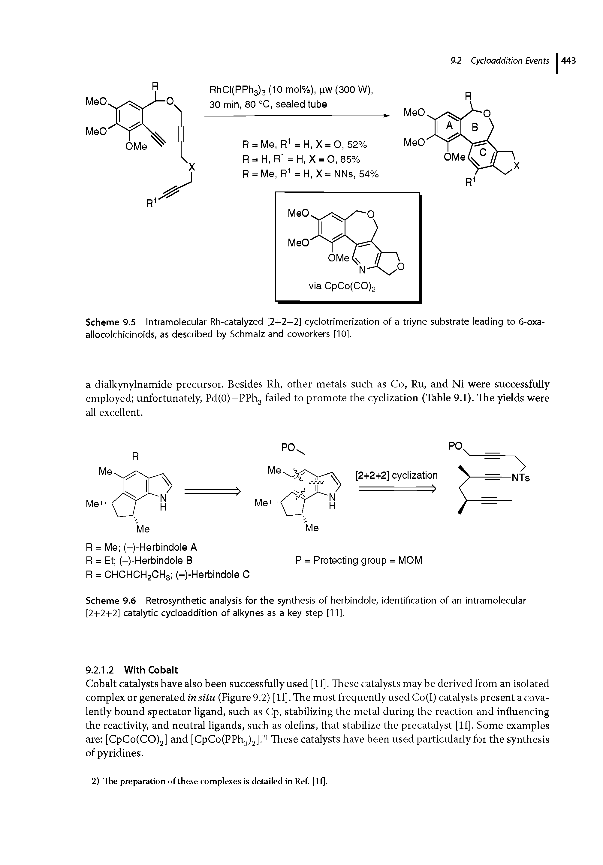 Scheme 9.6 Retrosynthetic analysis for the synthesis of herbindole, identification of an intramolecular [2+2+2] catalytic cycloaddition of alkynes as a key step [11].