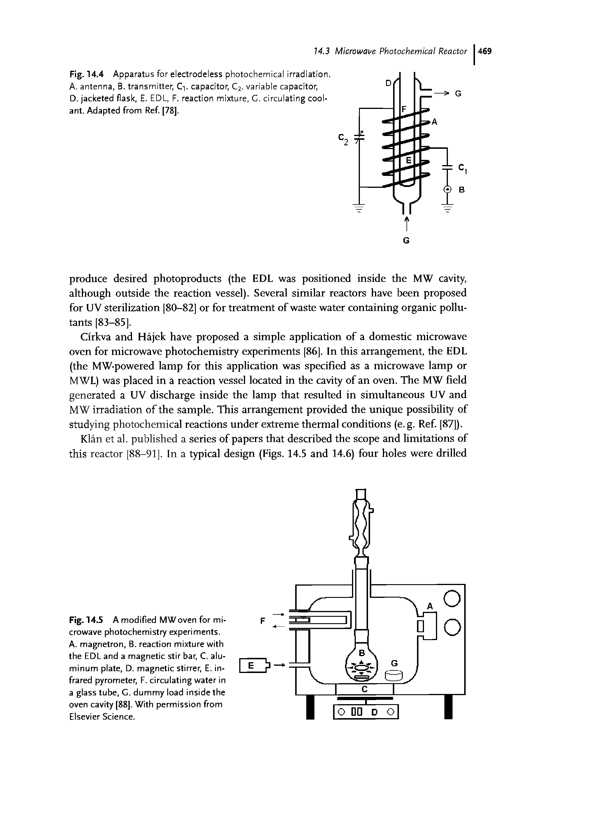 Fig. 14.5 A modified MW oven for microwave photochemistry experiments. A. magnetron, B. reaction mixture with the EDL and a magnetic stir bar, C. aluminum plate, D. magnetic stirrer, E. infrared pyrometer, F. circulating water in a glass tube, G. dummy load inside the oven cavity [88]. With permission from Elsevier Science.