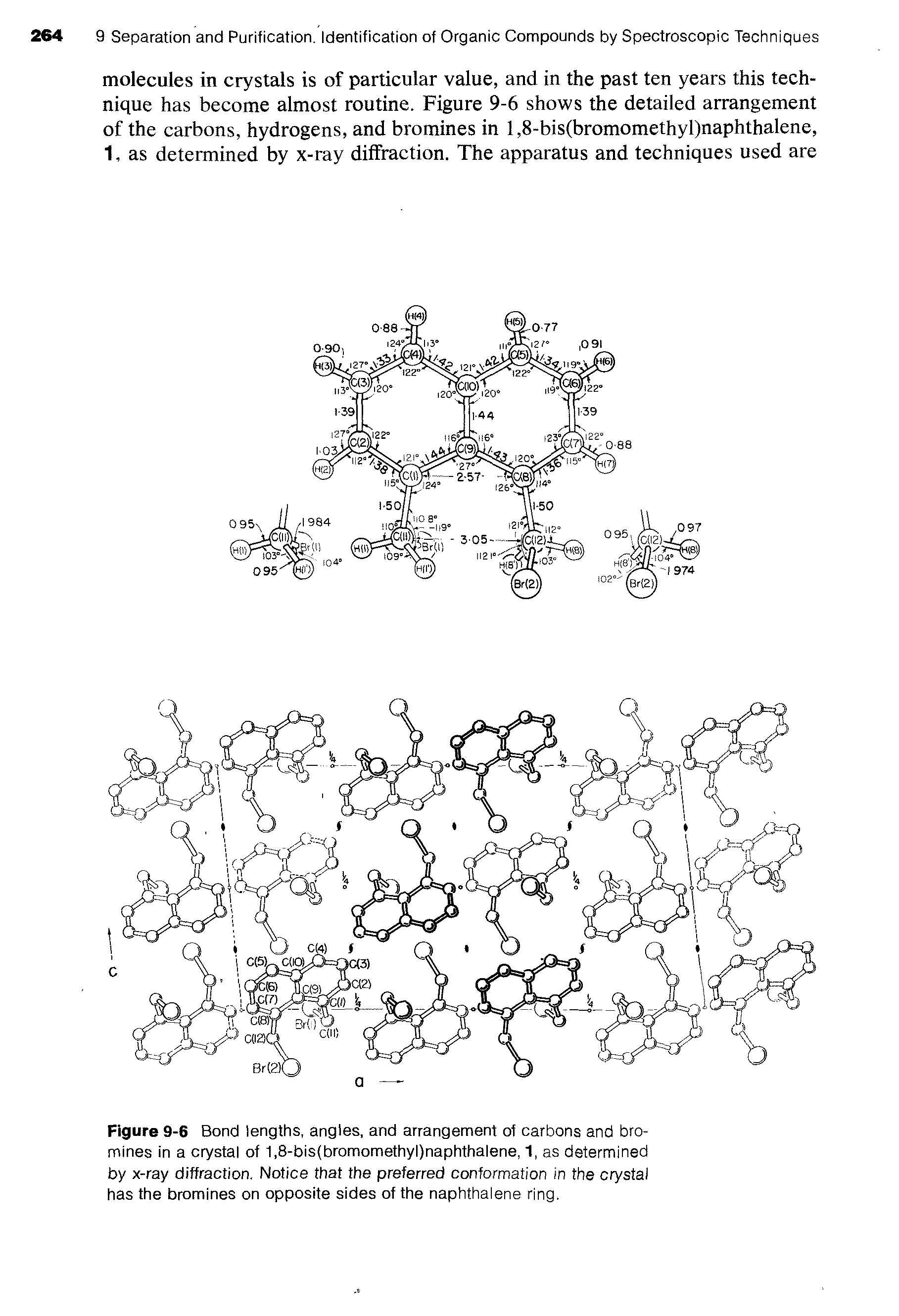 Figure 9-6 Bond lengths, angles, and arrangement of carbons and bromines in a crystal of 1,8-bis(bromomethyl)naphthalene, 1, as determined by x-ray diffraction. Notice that the preferred conformation in the crystal has the bromines on opposite sides of the naphthalene ring.