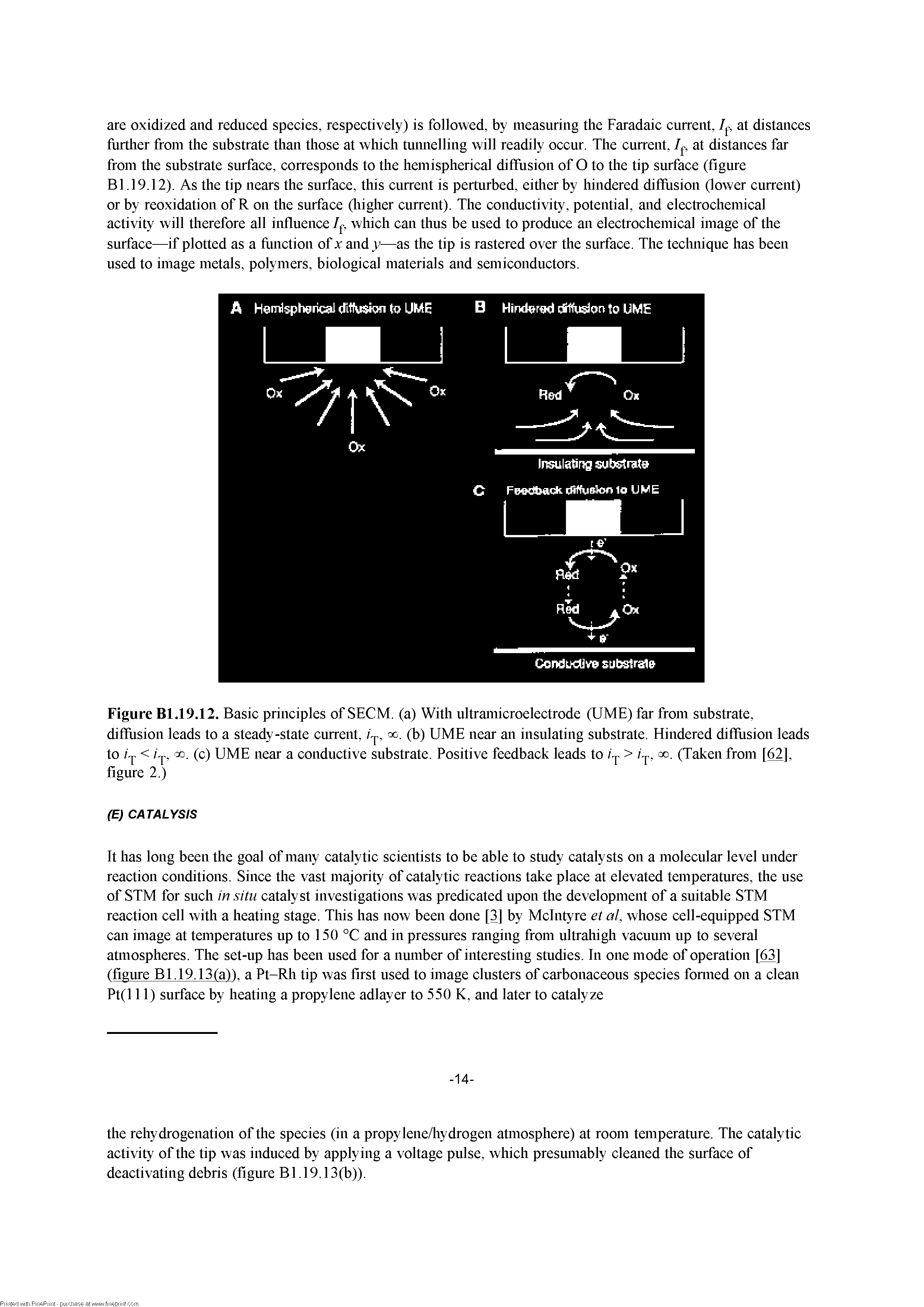 Figure Bl.19.12. Basic principles of SECM. (a) With ultramicroelectrode (UME) far from substrate, diflfiision leads to a steady-state current, ij, (b) UME near an insulating substrate. Flindered diflhision leads to < ij, 3D. (c) UME near a conductive substrate. Positive feedback leads to go. (Taken from [62],...