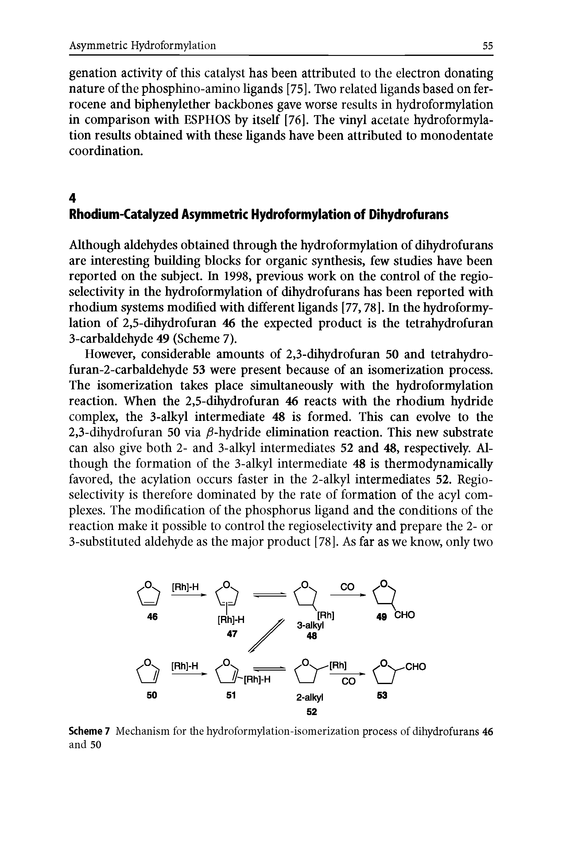 Scheme 7 Mechanism for the hydroformylation-isomerization process of dihydrofurans 46 and 50...