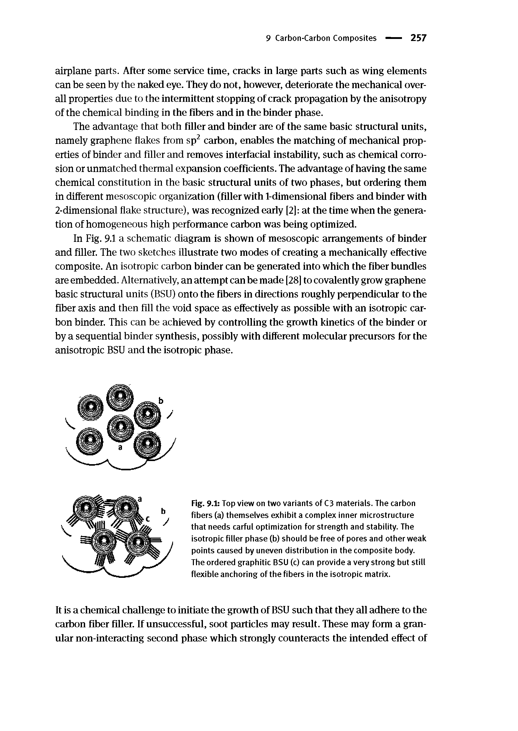 Fig. 9.1 Top view on two variants of C3 materials. The carbon fibers (a) themselves exhibit a complex inner microstructure that needs carful optimization for strength and stability. The isotropic filler phase (b) should be free of pores and other weak points caused by uneven distribution in the composite body. The ordered graphitic BSU (c) can provide a very strong but still flexible anchoring of the fibers in the isotropic matrix.