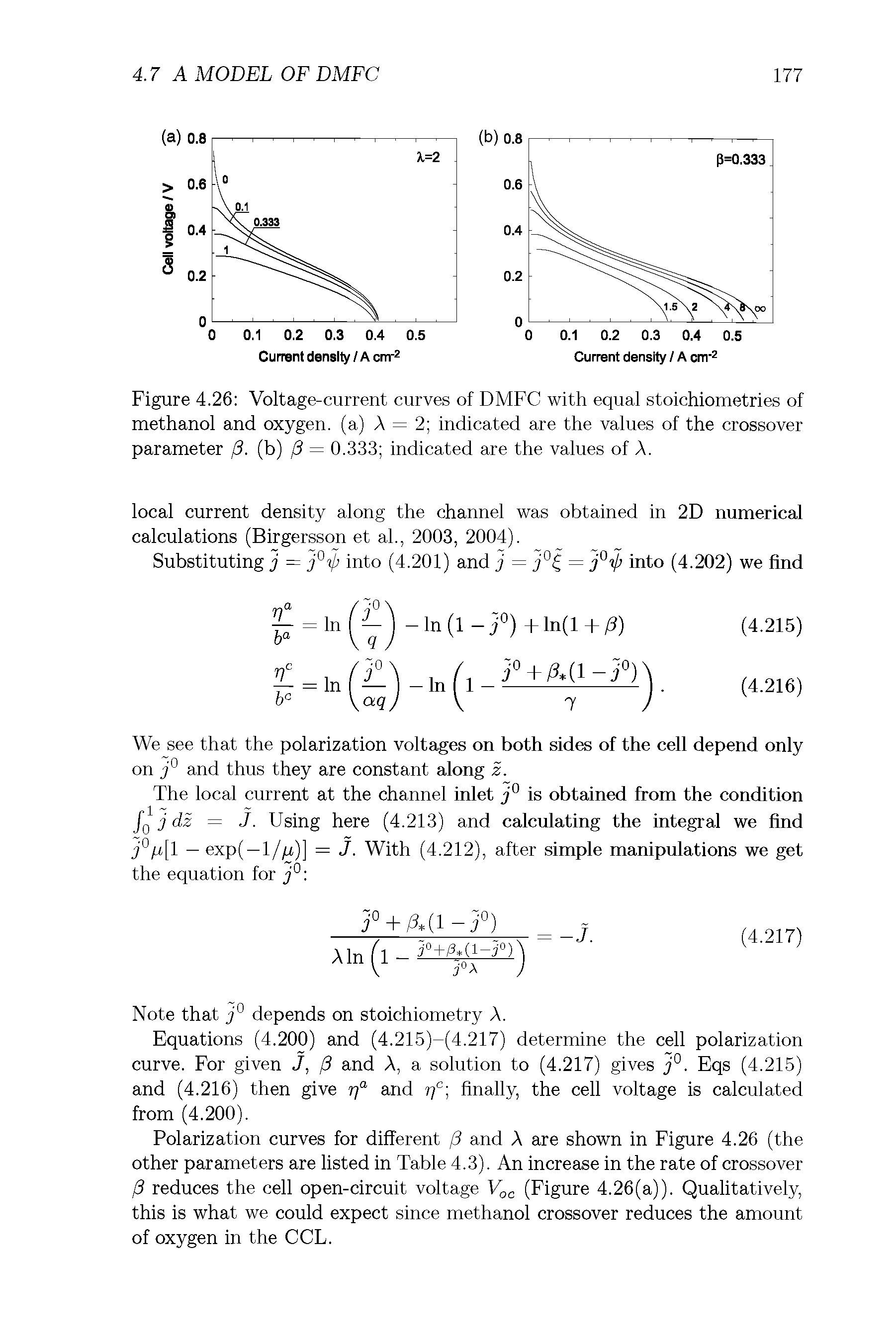 Figure 4.26 Voltage-current curves of DMFC with equal stoichiometries of methanol and oxygen, (a) A = 2 indicated are the values of the crossover parameter / . (b) / = 0.333 indicated are the values of A.