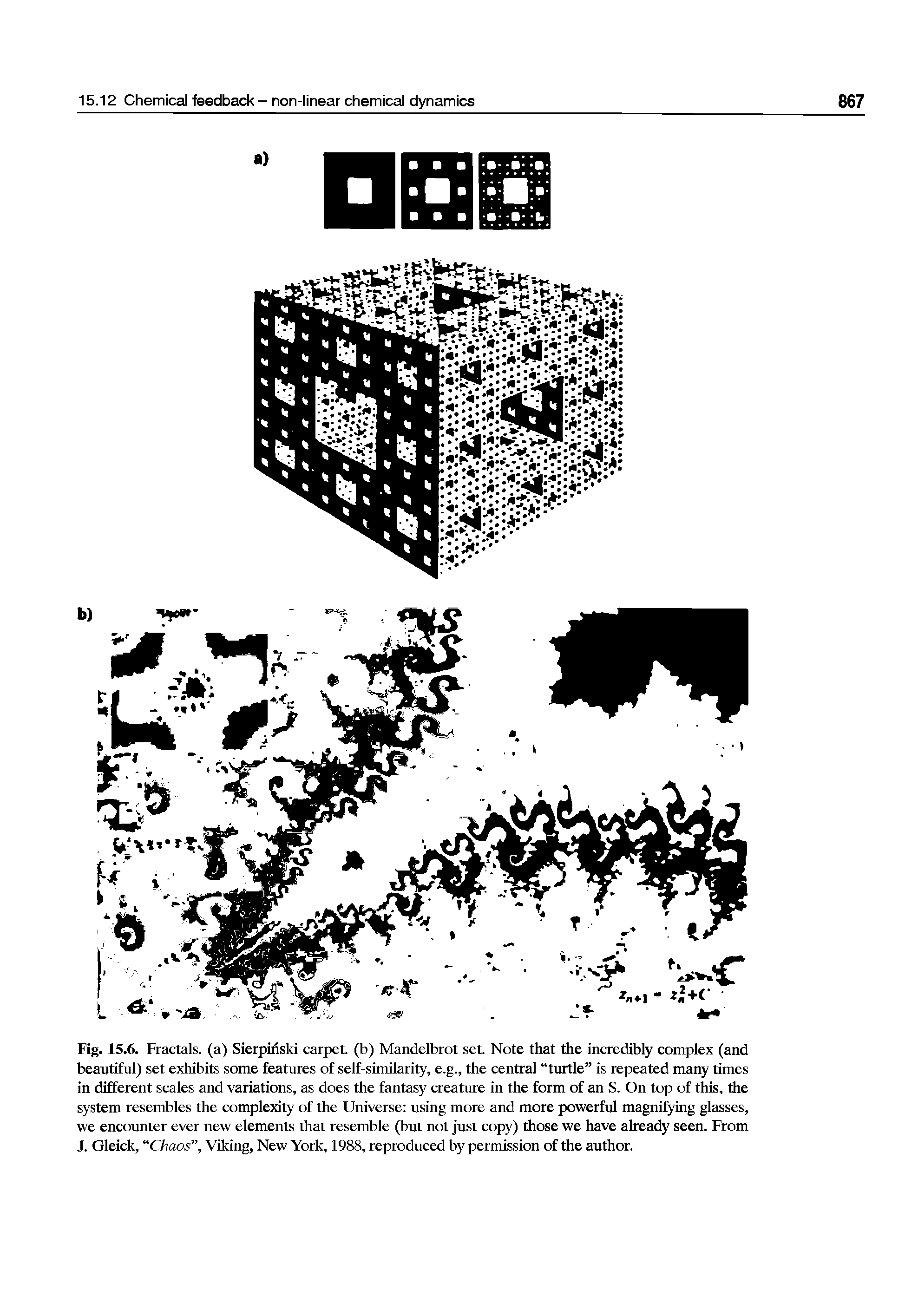 Fig. 15.6. Fractals, (a) SierpMski carpet, (b) Mandelbrot set. Note that the incredibly complex (and beautiful) set exhibits some features of self-similarity, e.g., the central turtle is repeated many times in different scales and variations, as does the fantasy creature in the form of an S. On top of this, the system resembles the complexity of the Universe using more and more powerful magnifying glasses, we encounter ever new elements that resemble (but not just copy) those we have already seen. From J. Gleick, Chaos , Viking, New York, 1988, reproduced by permission of the author.