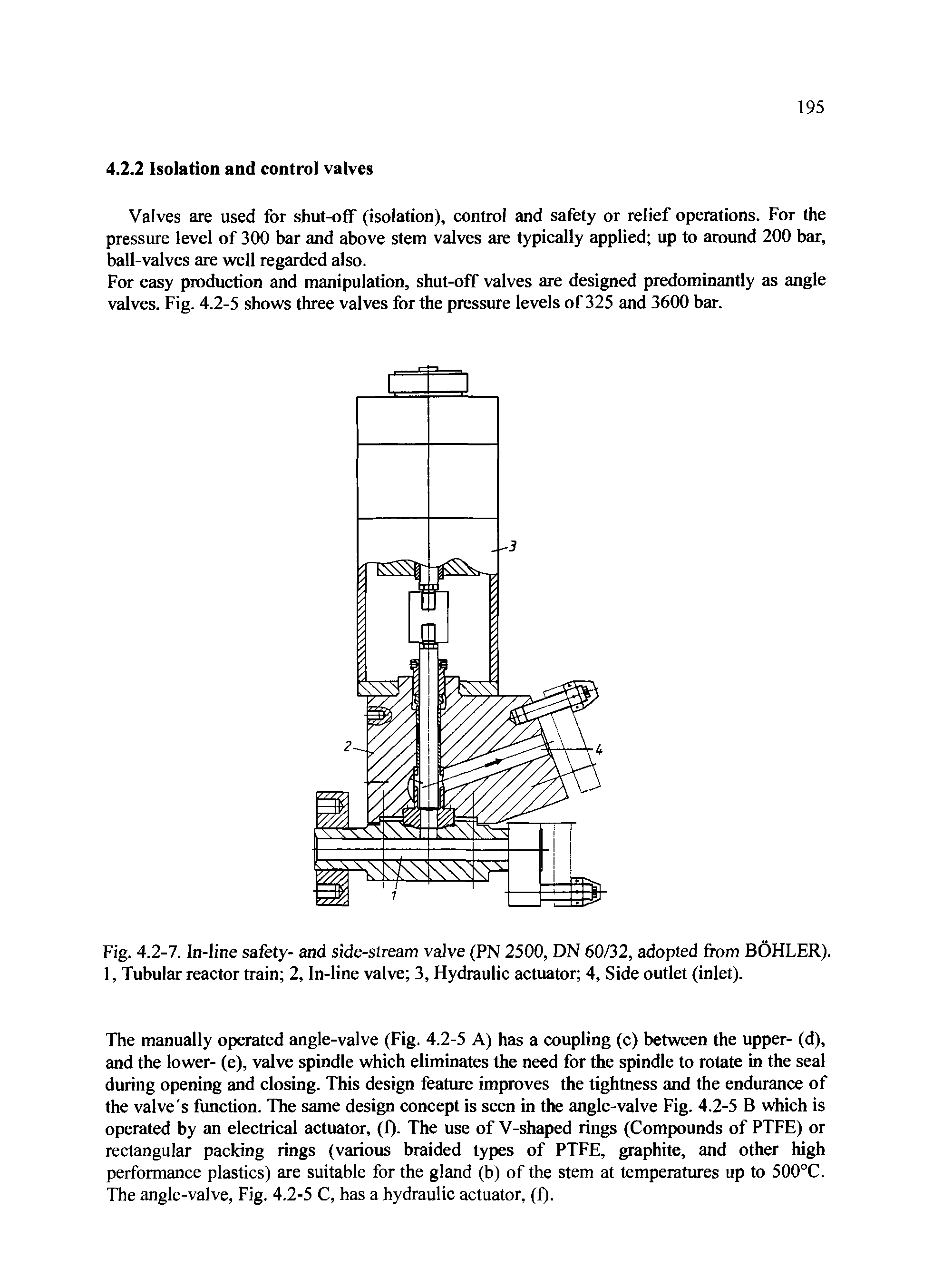 Fig. 4.2-7. In-line safety- and side-stream valve (PN 2500, DN 60/32, adopted from BOHLER). 1, Tubular reactor train 2, In-line valve 3, Hydraulic actuator 4, Side outlet (inlet).