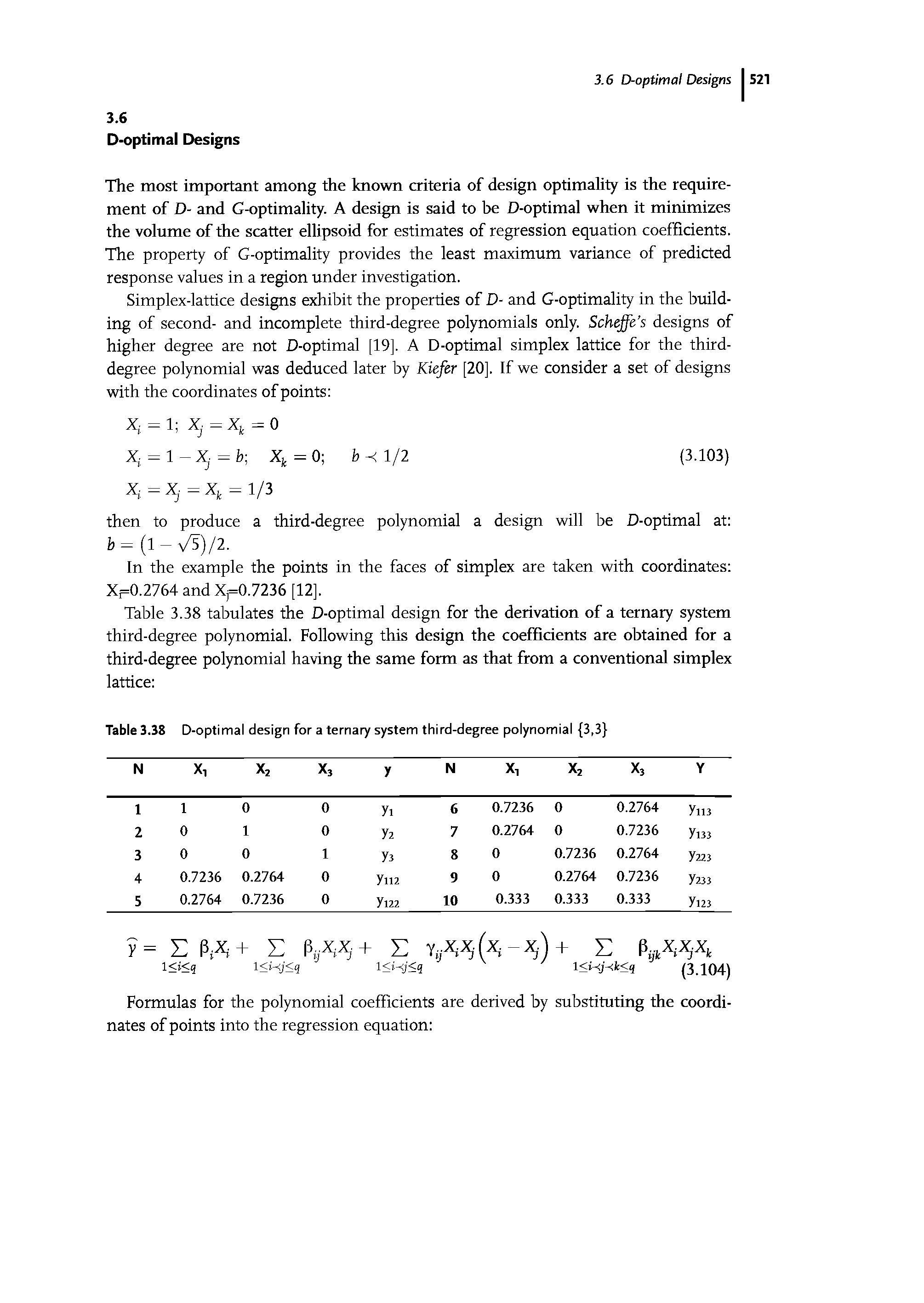 Table 3.38 D-optimal design for a ternary system third-degree polynomial 3,3 ...