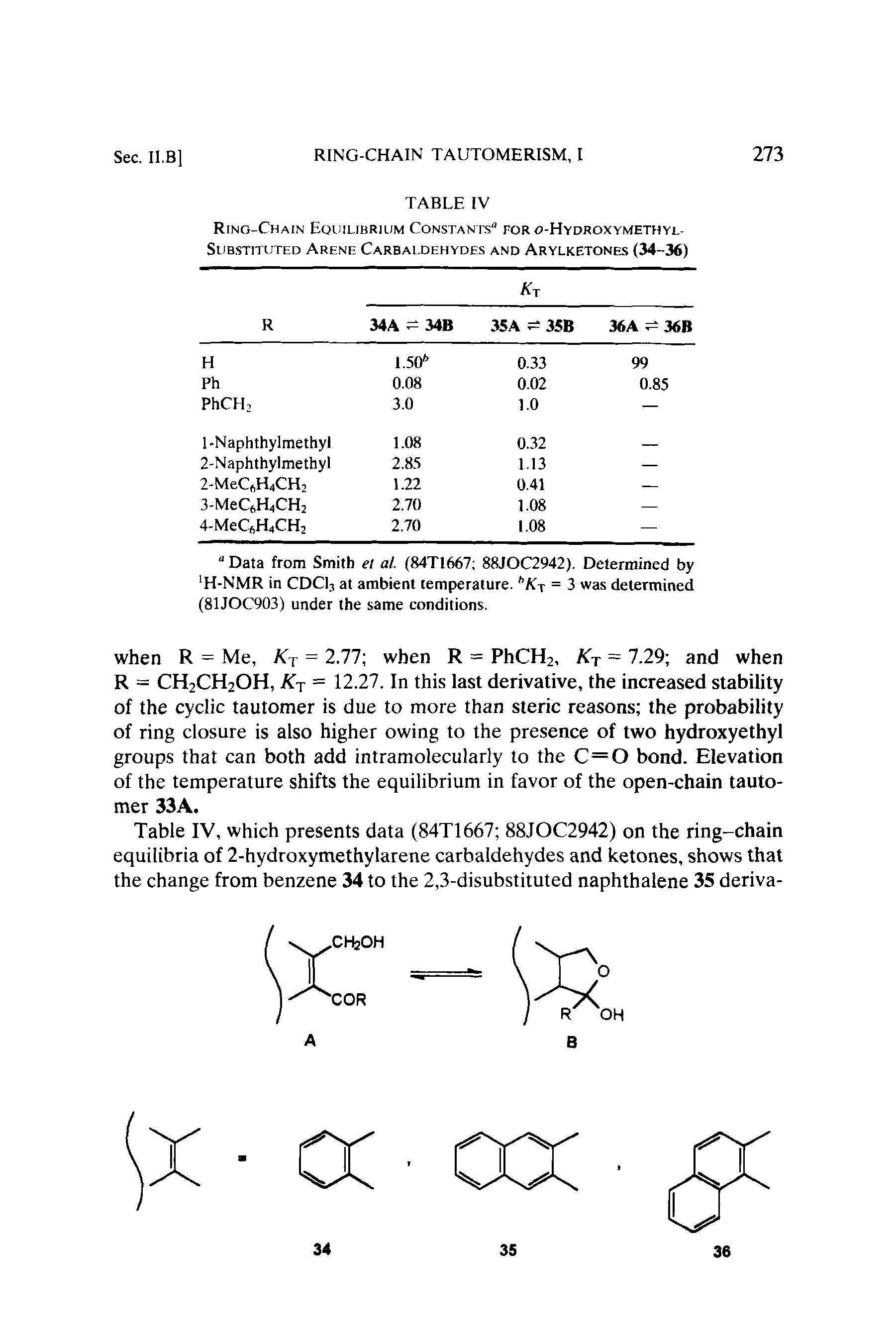 Table IV, which presents data (84T1667 88JOC2942) on the ring-chain equilibria of 2-hydroxymethyIarene carbaldehydes and ketones, shows that the change from benzene 34 to the 2,3-disubstituted naphthalene 35 deriva-...