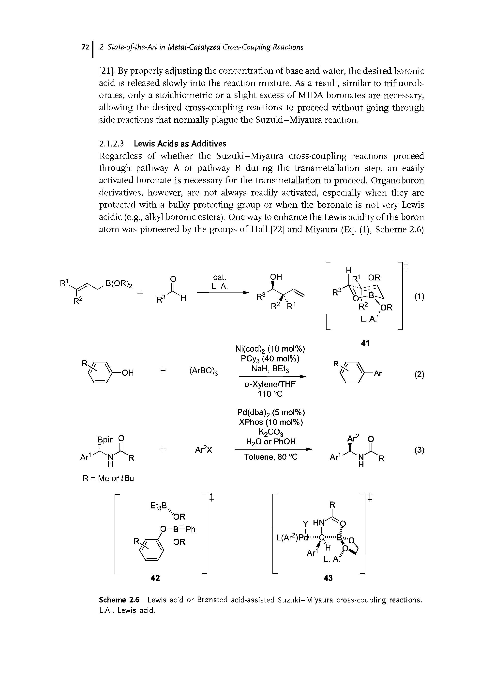 Scheme 2.6 Lewis acid or Bronsted acid-assisted Suzuki-Miyaura cross-coupling reactions. L.A., Lewis acid.