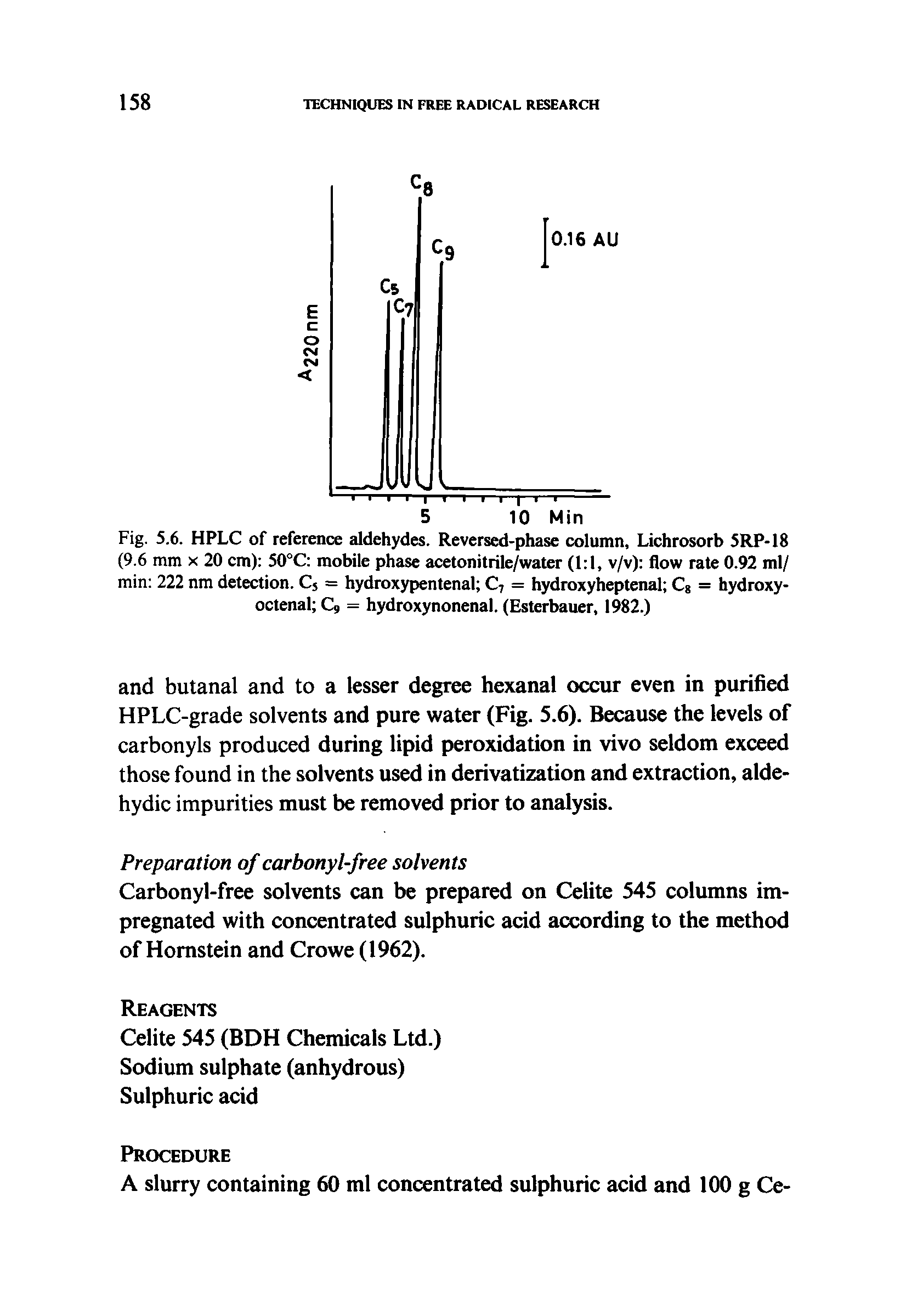 Fig. 5.6. HPLC of reference aldehydes. Reversed-phase column, Lichrosorb 5RP-18 (9.6 mm x 20 cm) 50°C mobile phase acetonitrile/water (1 1, v/v) flow rate 0.92 ml/ min 222 nm detection. Cs = hydroxypentenal C7 = hydroxyheptenal Cg = hydroxy-octenal G, = hydroxynonenal. (Esterbauer, 1982.)...