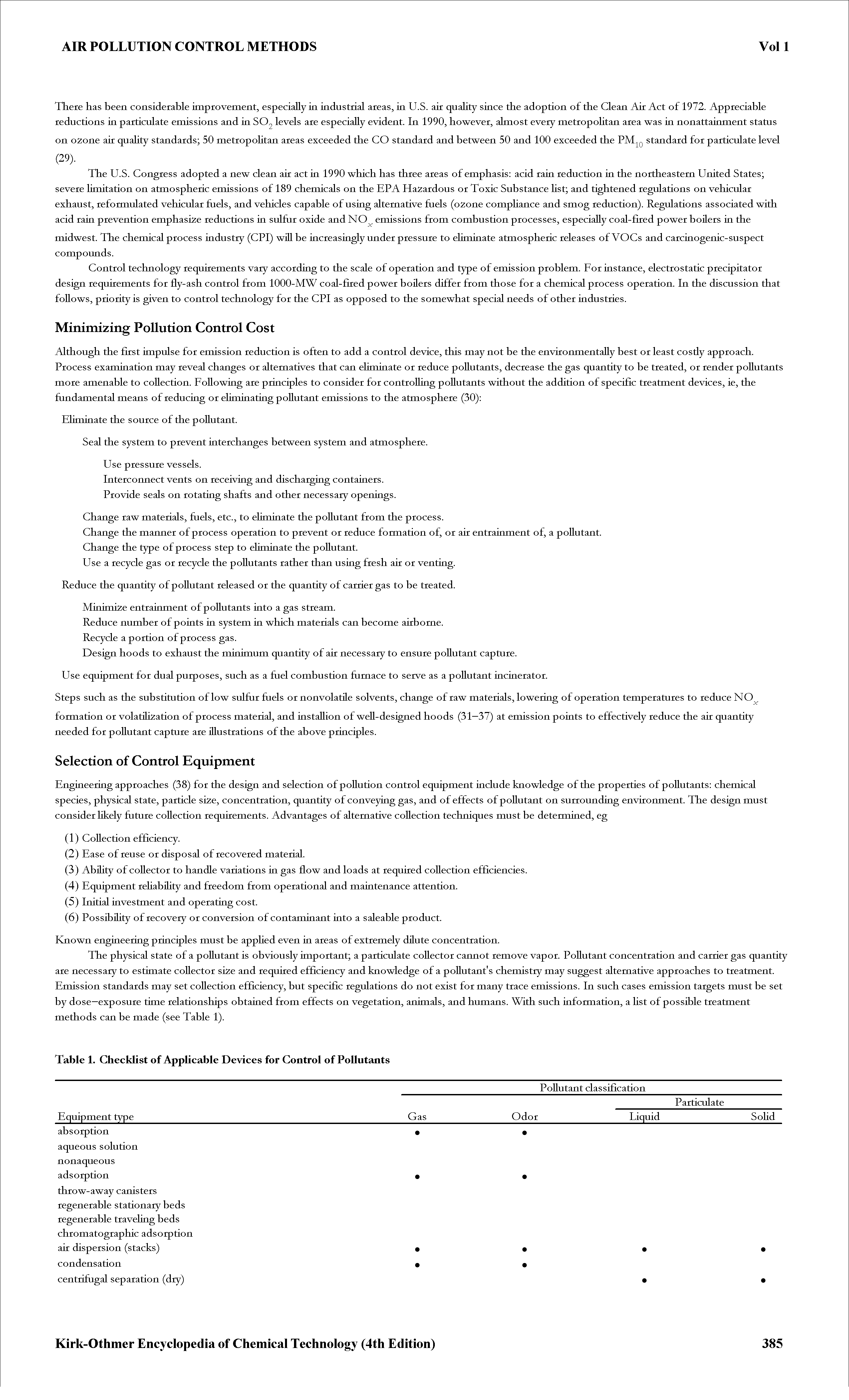 Table 1. Checklist of Applicable Devices for Control of Pollutants...