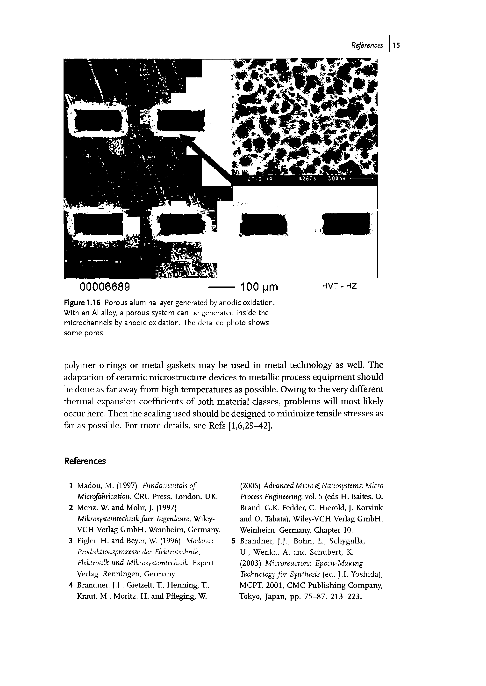 Figure 1.16 Porous alumina layer generated by anodic oxidation With an Al alloy, a porous system can be generated inside the microchannels by anodic oxidation. The detailed photo shows some pores.