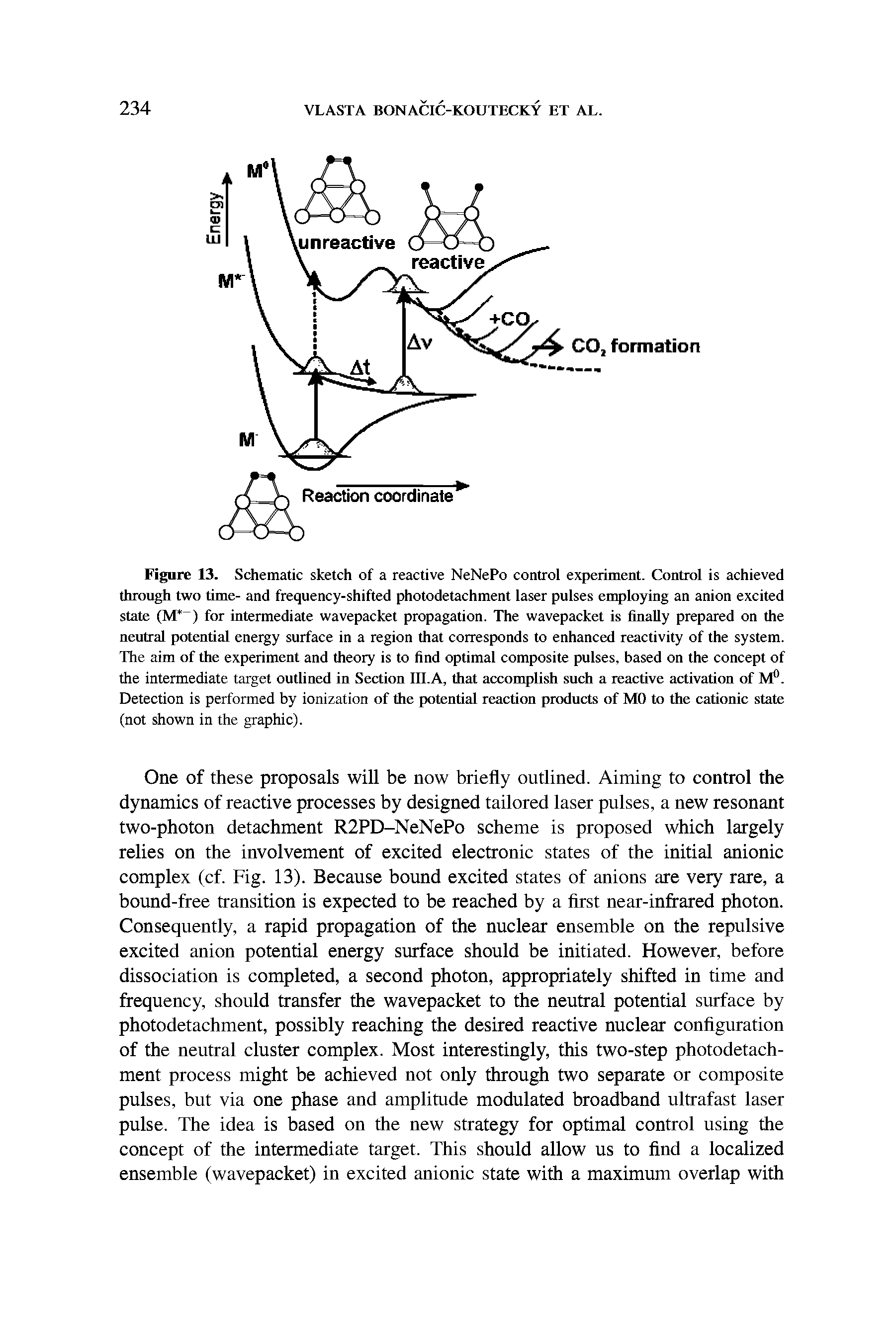 Figure 13. Schematic sketch of a reactive NeNePo control experiment. Control is achieved through two time- and frequency-shifted photodetachment laser pulses employing an anion excited state (M ) for intermediate wavepacket propagation. The wavepacket is finally prepared on the neutral potential energy surface in a region that corresponds to enhanced reactivity of the system. The aim of the experiment and theory is to find optimal composite pulses, based on the concept of the intermediate target outlined in Section III.A, that accomplish such a reactive activation of M . Detection is performed by ionization of the potential reaction products of MO to the cationic state (not shown in the graphic).
