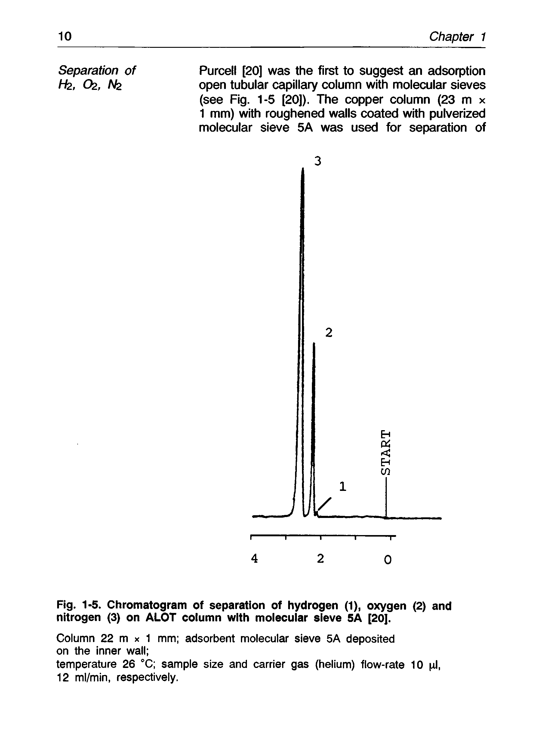 Fig. 1>5. Chromatogram of separation of hydrogen (1), oxygen (2) and nitrogen (3) on ALOT column with molecular sieve SA [20].