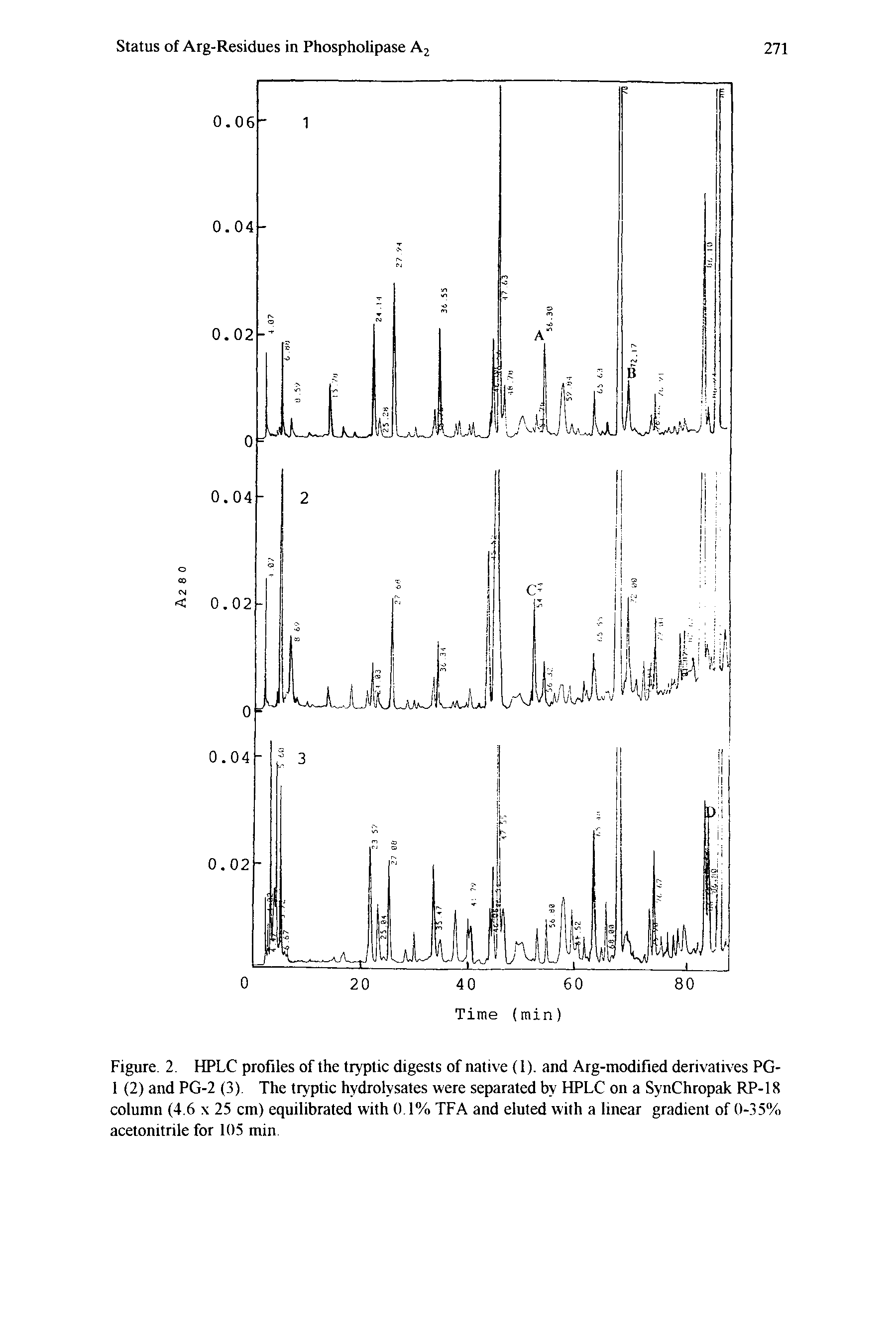 Figure. 2. HPLC profiles of the tryptic digests of native (1). and Arg-modified derivatives PG-1 (2) and PG-2 (3) The tryptic hydrolysates were separated by HPLC on a SynChropak RP-18 column (4.6 x 25 cm) equilibrated with 0 1% TFA and eluted with a linear gradient of 0-35% acetonitrile for 105 min...