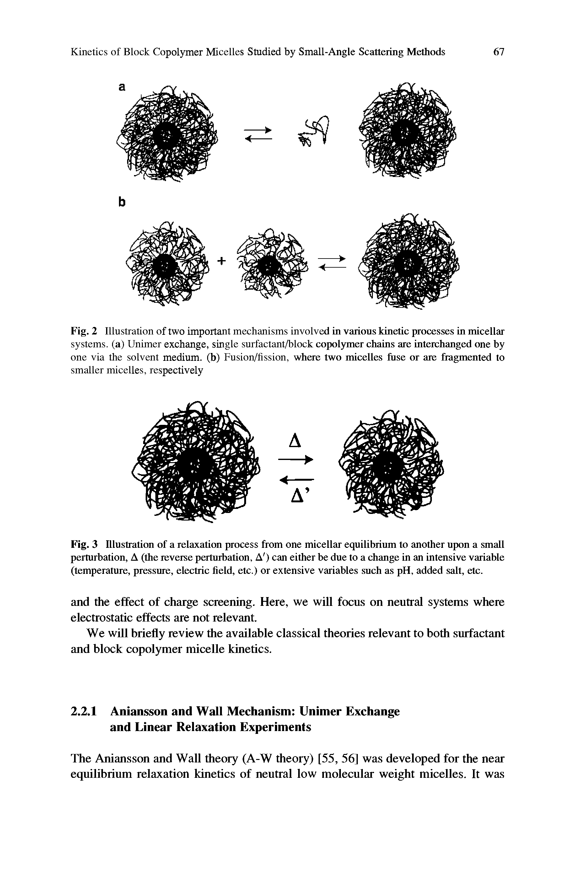 Fig. 2 Illustration of two important mechanisms involved in various kinetic processes in micellar systems, (a) Unimer exchange, single surfactant/block copolymer chains are interchanged one by one via the solvent medium, (b) Fusion/fission, where two micelles fuse or are fragmented to...