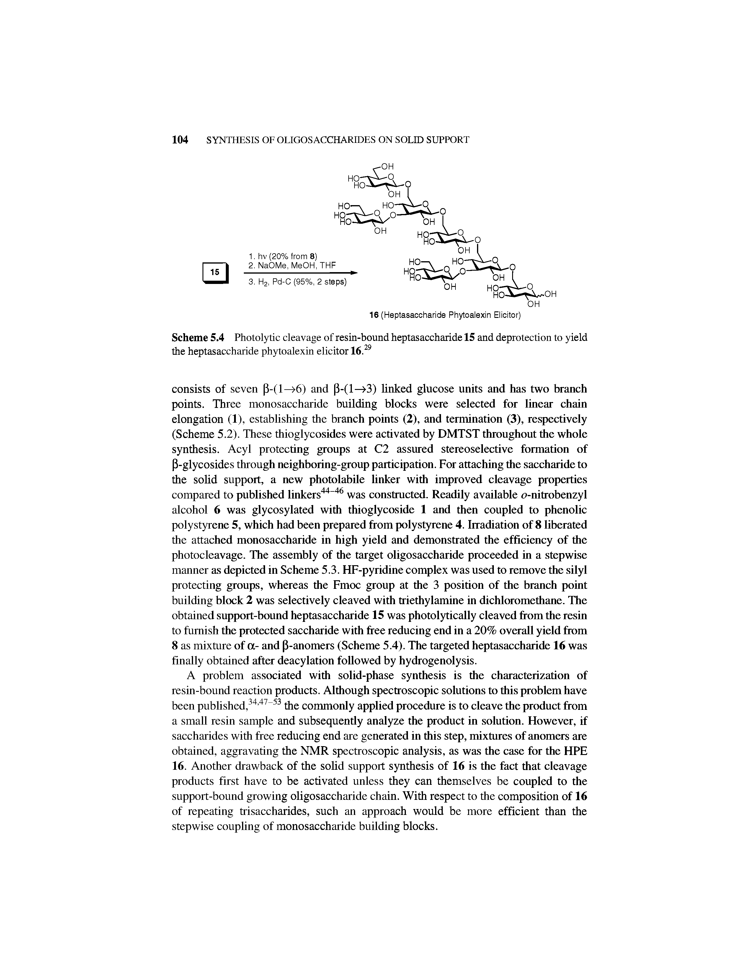 Scheme 5.4 Photolytic cleavage of resin-bound heptasaccharide 15 and deprotection to yield the heptasaccharide phytoalexin elicitor 16.29...