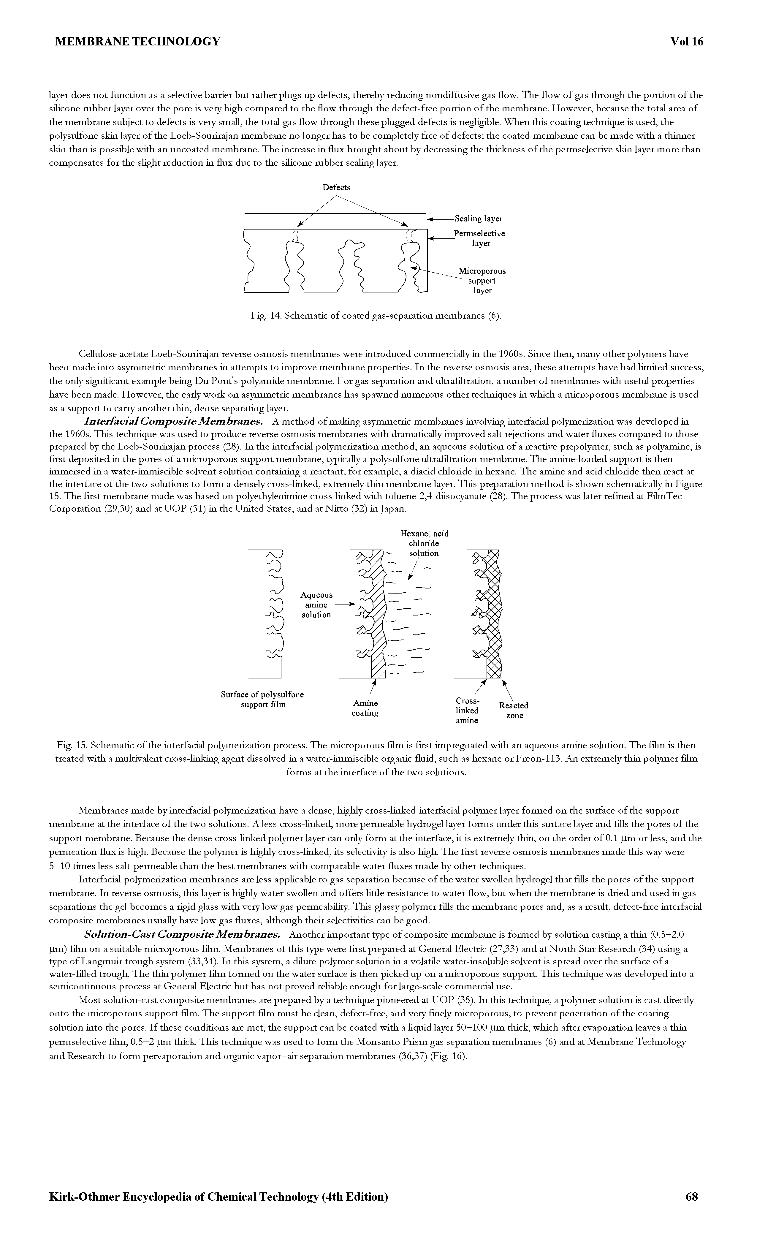 Fig. 15. Schematic of the interfacial polymerization process. The microporous film is first impregnated with an aqueous amine solution. The film is then treated with a multivalent cross-linking agent dissolved in a water-immiscible organic fluid, such as hexane or Freon-113. An extremely thin polymer film...