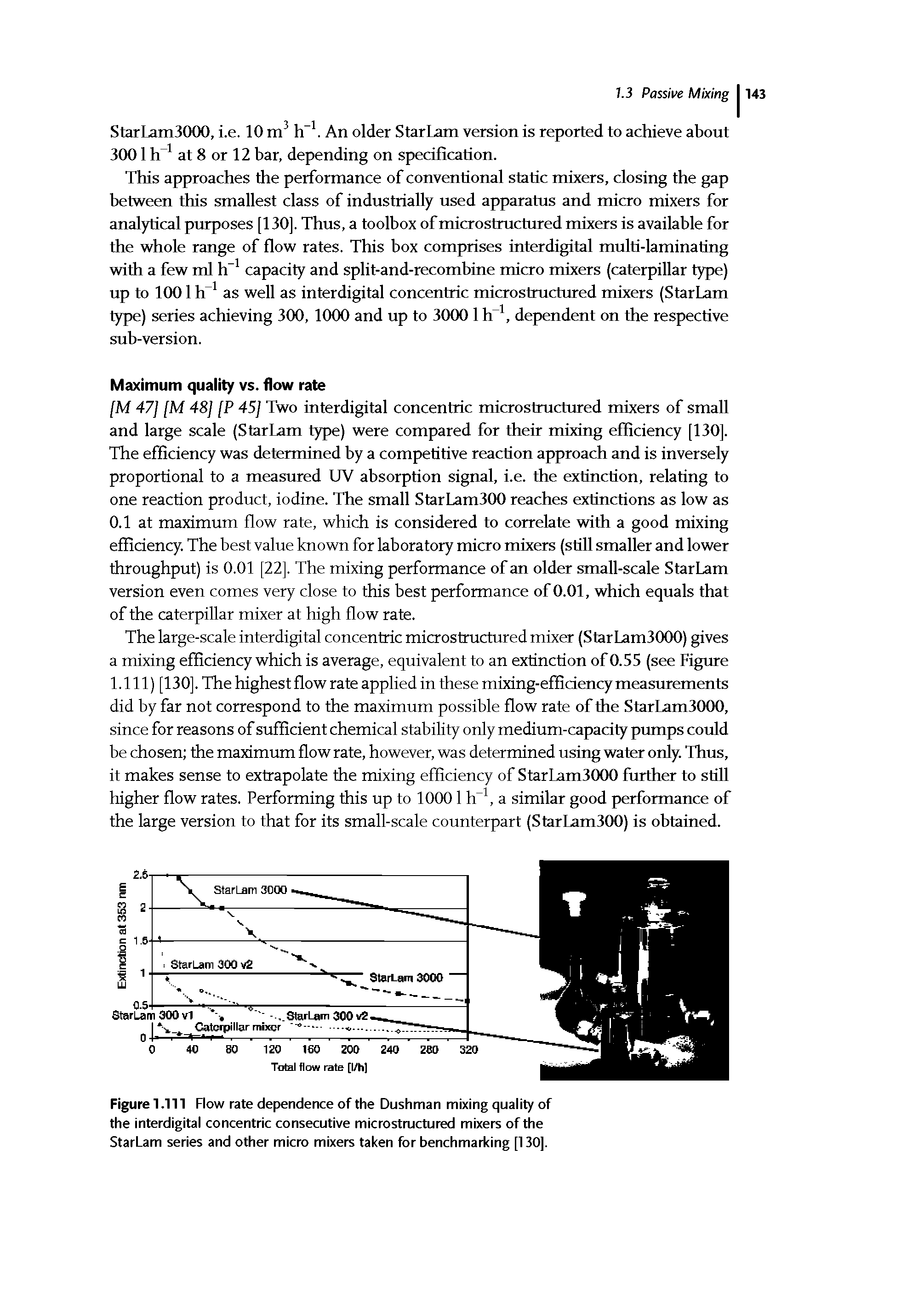 Figure 1.111 Flow rate dependence of the Dushman mixing quality of the interdigital concentric consecutive microstructured mixers of the StarLam series and other micro mixers taken for benchmarking [130].