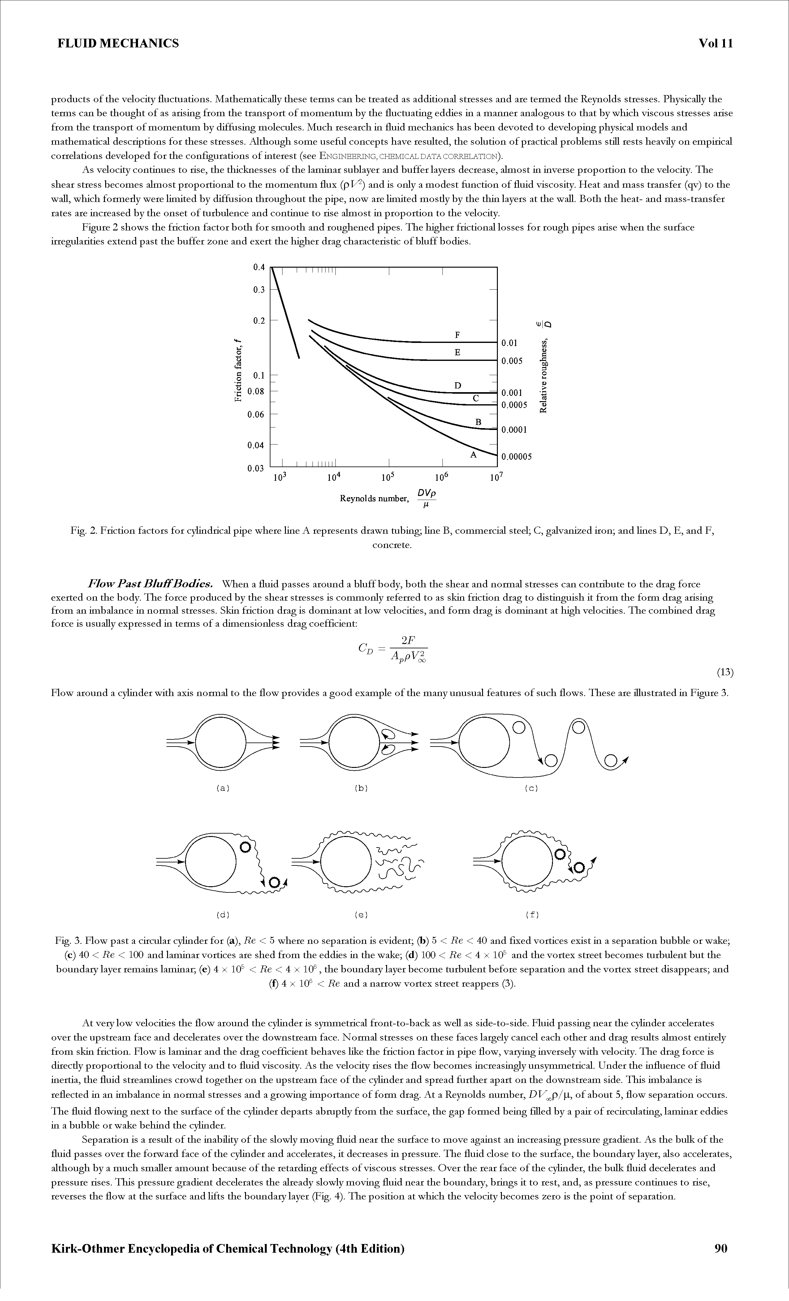 Fig. 3. Flow past a circular cylinder for (a). Re < 5 where no separation is evident (b) 5 < Re < 40 and fixed vortices exist in a separation bubble or wake ...