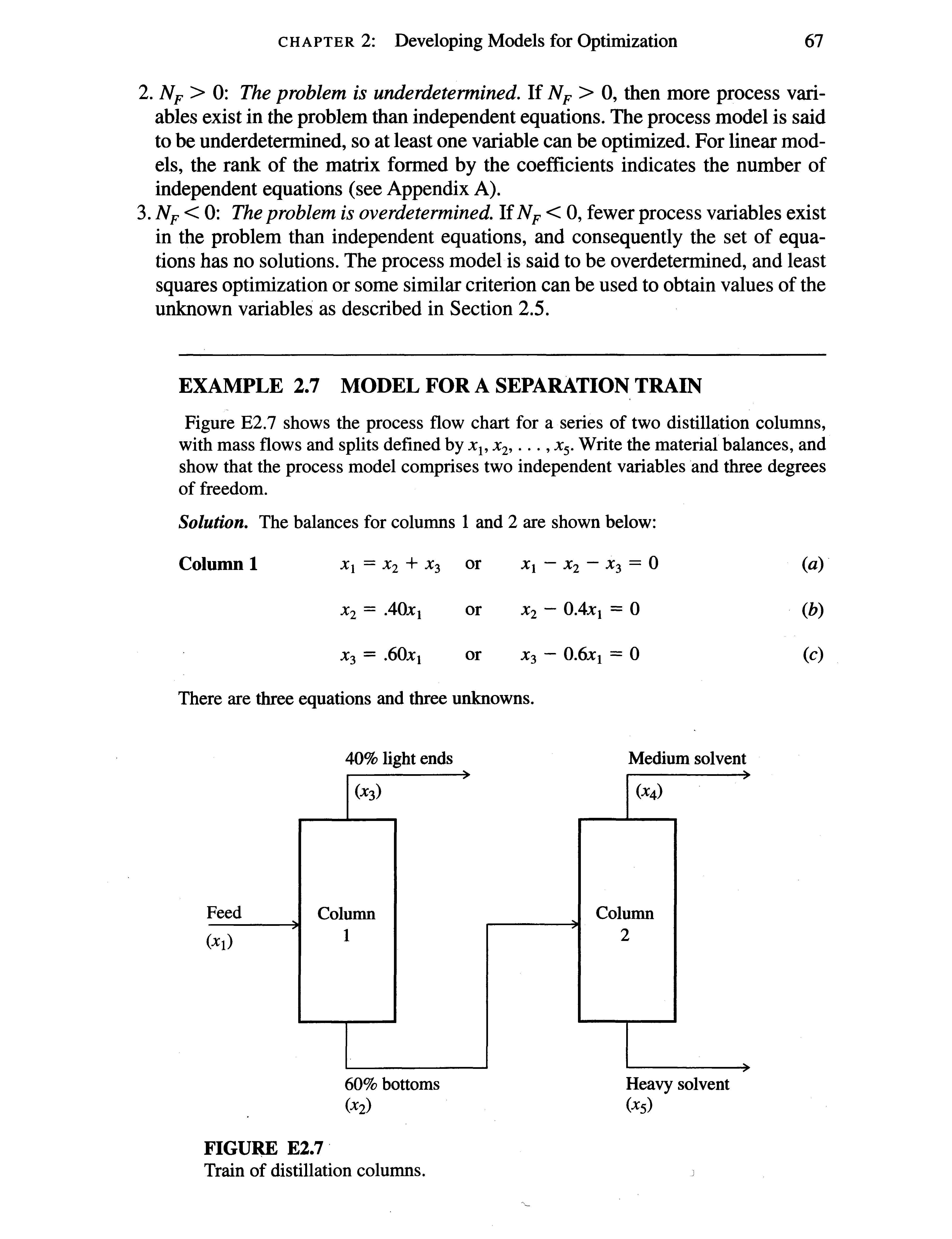 Figure E2.7 shows the process flow chart for a series of two distillation columns, with mass flows and splits defined by j, x2,..., 5. Write the material balances, and show that the process model comprises two independent variables and three degrees of freedom.