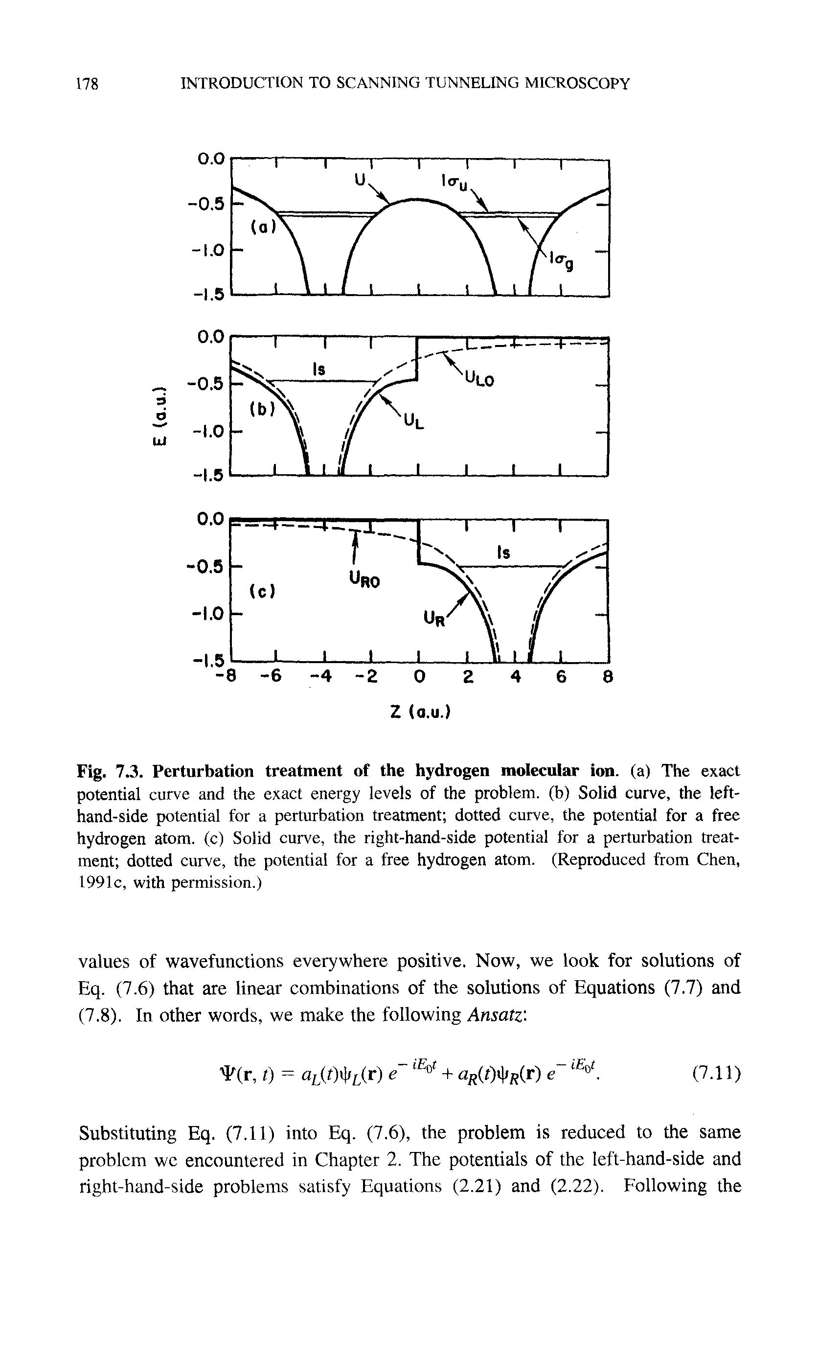 Fig. 7.3. Perturbation treatment of the hydrogen molecular ion. (a) The exact potential curve and the exact energy levels of the problem, (b) Solid curve, the left-hand-side potential for a perturbation treatment dotted curve, the potential for a free hydrogen atom, (c) Solid curve, the right-hand-side potential for a perturbation treatment dotted curve, the potential for a free hydrogen atom. (Reproduced from Chen, 1991c, with permission.)...
