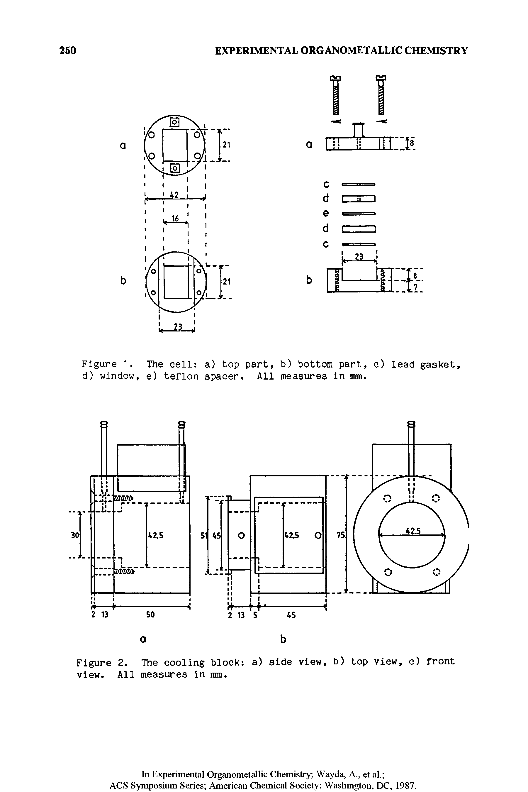 Figure 2. The cooling block a) side view, b) top view, c) front view. All measures in mm.