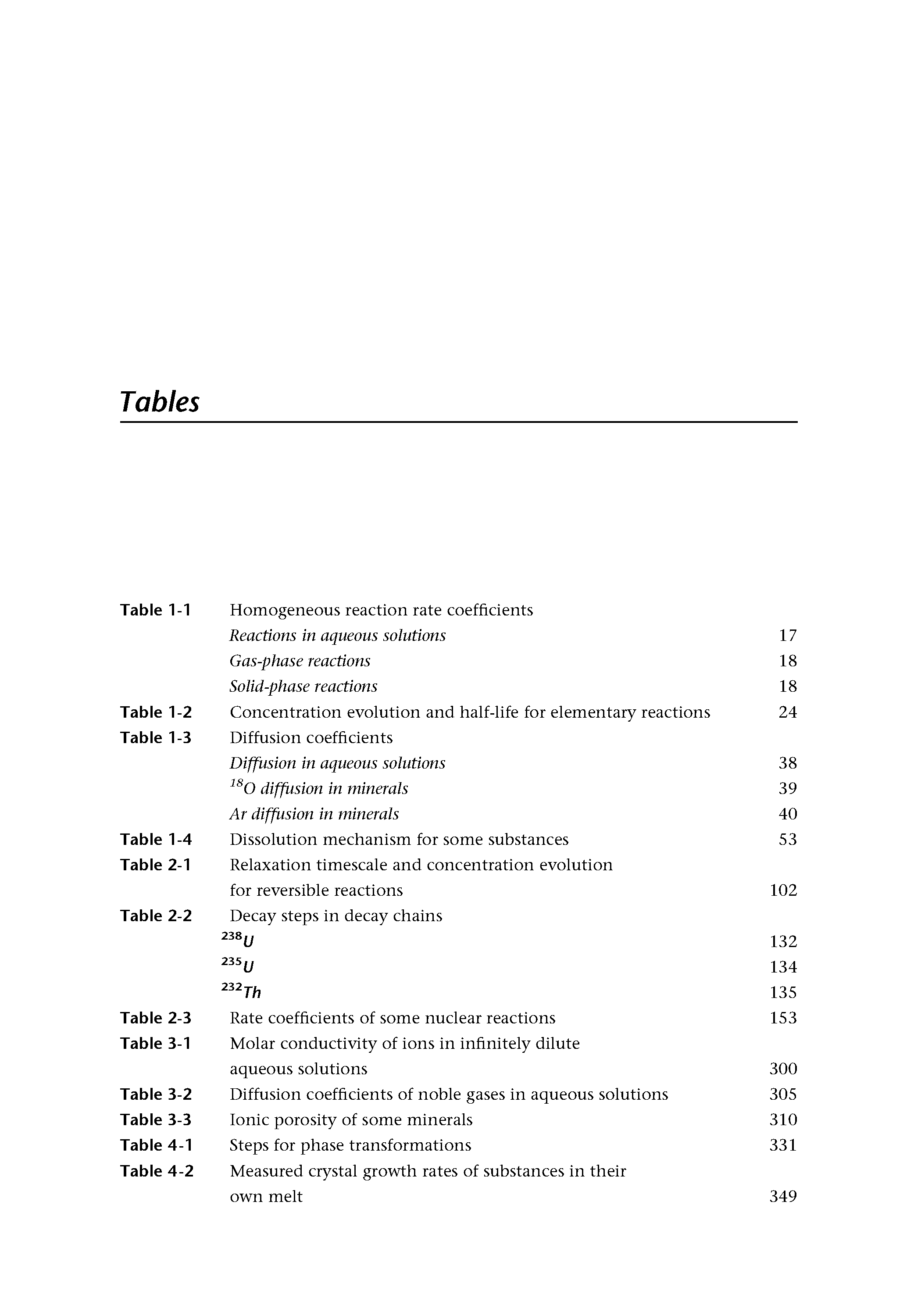 Table 3-2 Diffusion coefficients of noble gases in aqueous solutions Table 3-3 Ionic porosity of some minerals Table 4-1 Steps for phase transformations Table 4-2 Measured crystal growth rates of substances in their own melt...