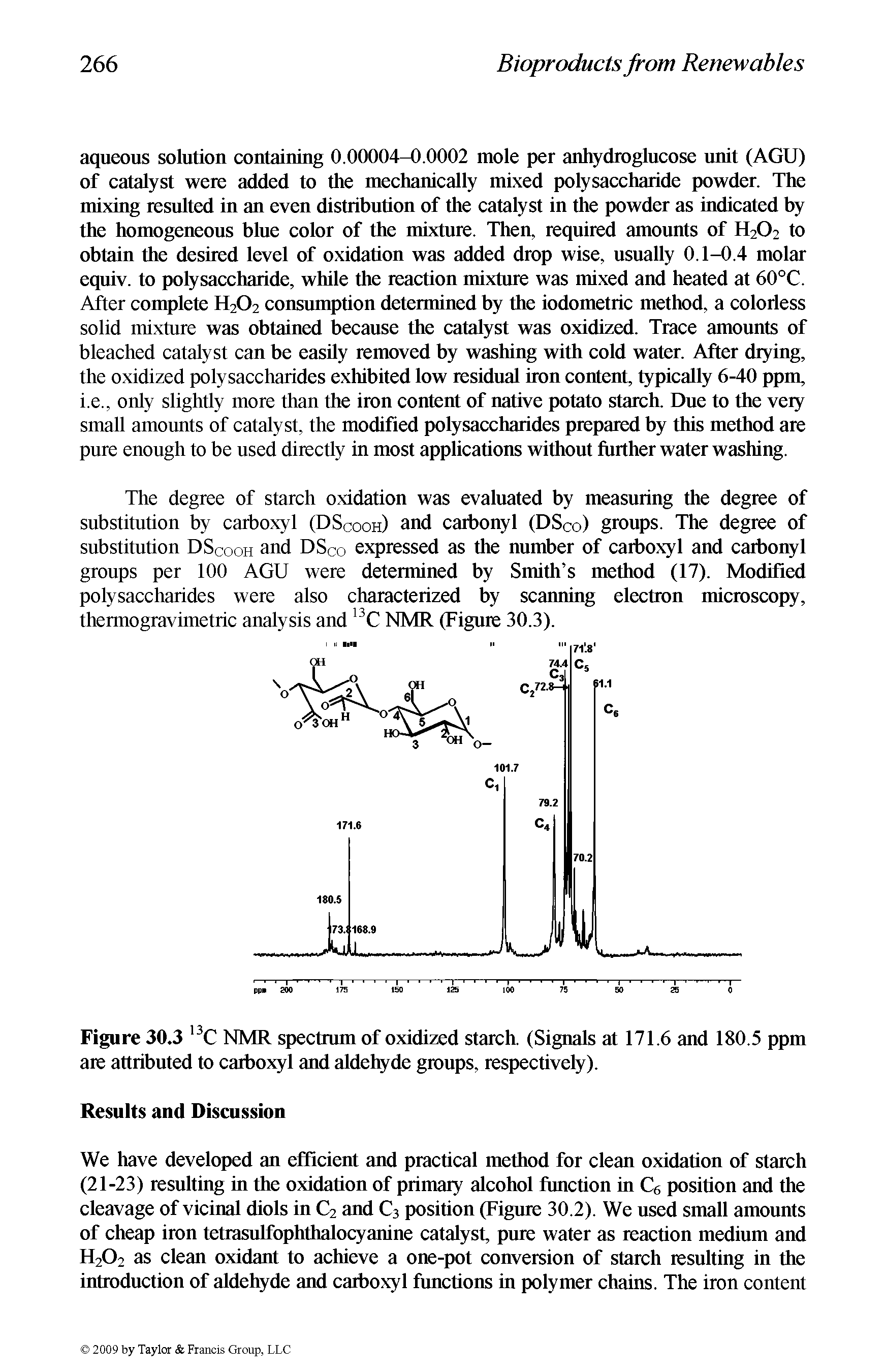Figure 30.3 C NMR spectrum of oxidized starch. (Signals at 171.6 and 180.5 ppm are attributed to carboxyl and aldehyde groups, respectively).