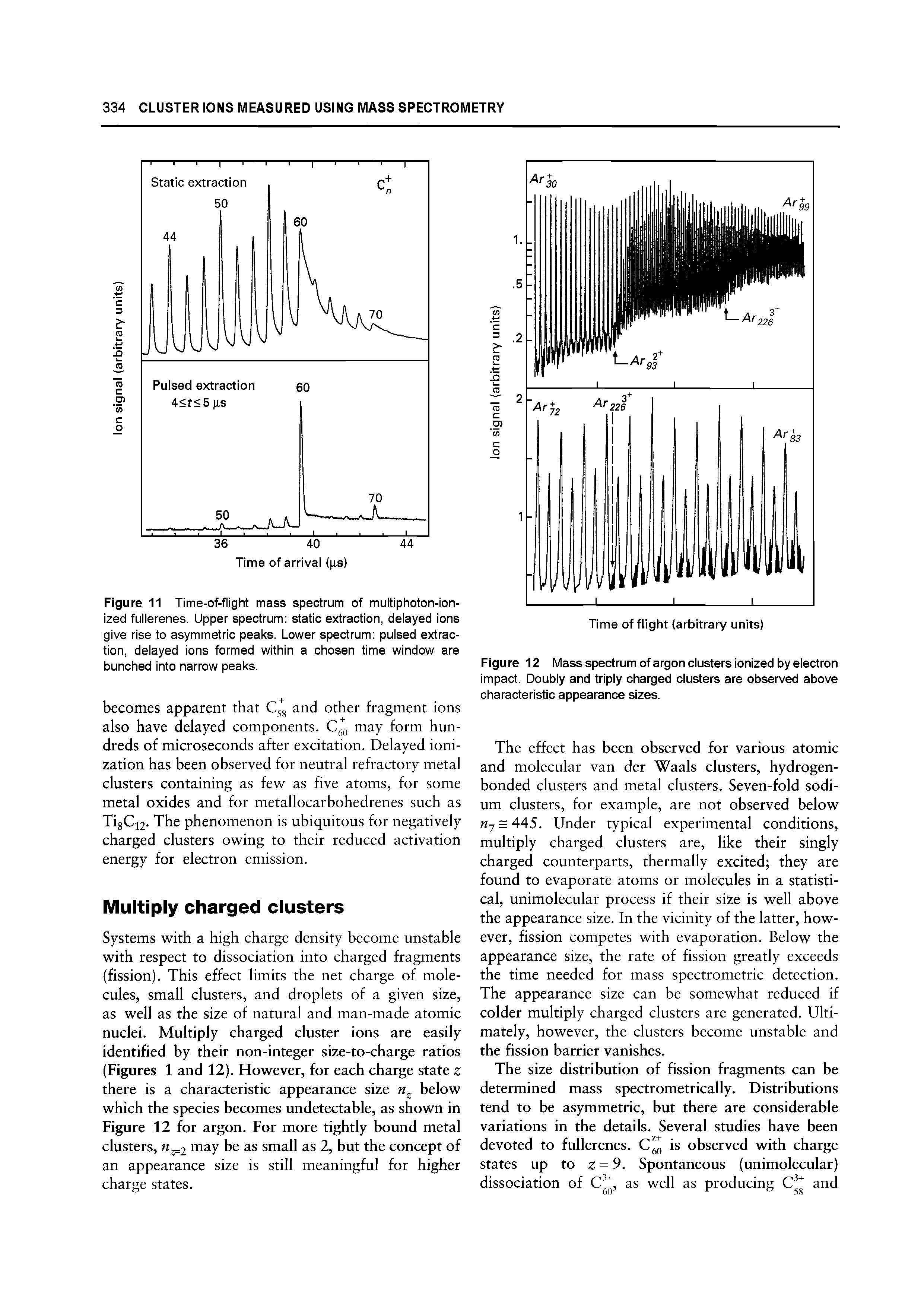 Figure 11 Time-of-flight mass spectrum of multiphoton-ion-ized fullerenes. Upper spectrum static extraction, delayed ions give rise to asymmetric peaks. Lower spectrum pulsed extraction, delayed ions formed within a chosen time window are bunched into narrow peaks.