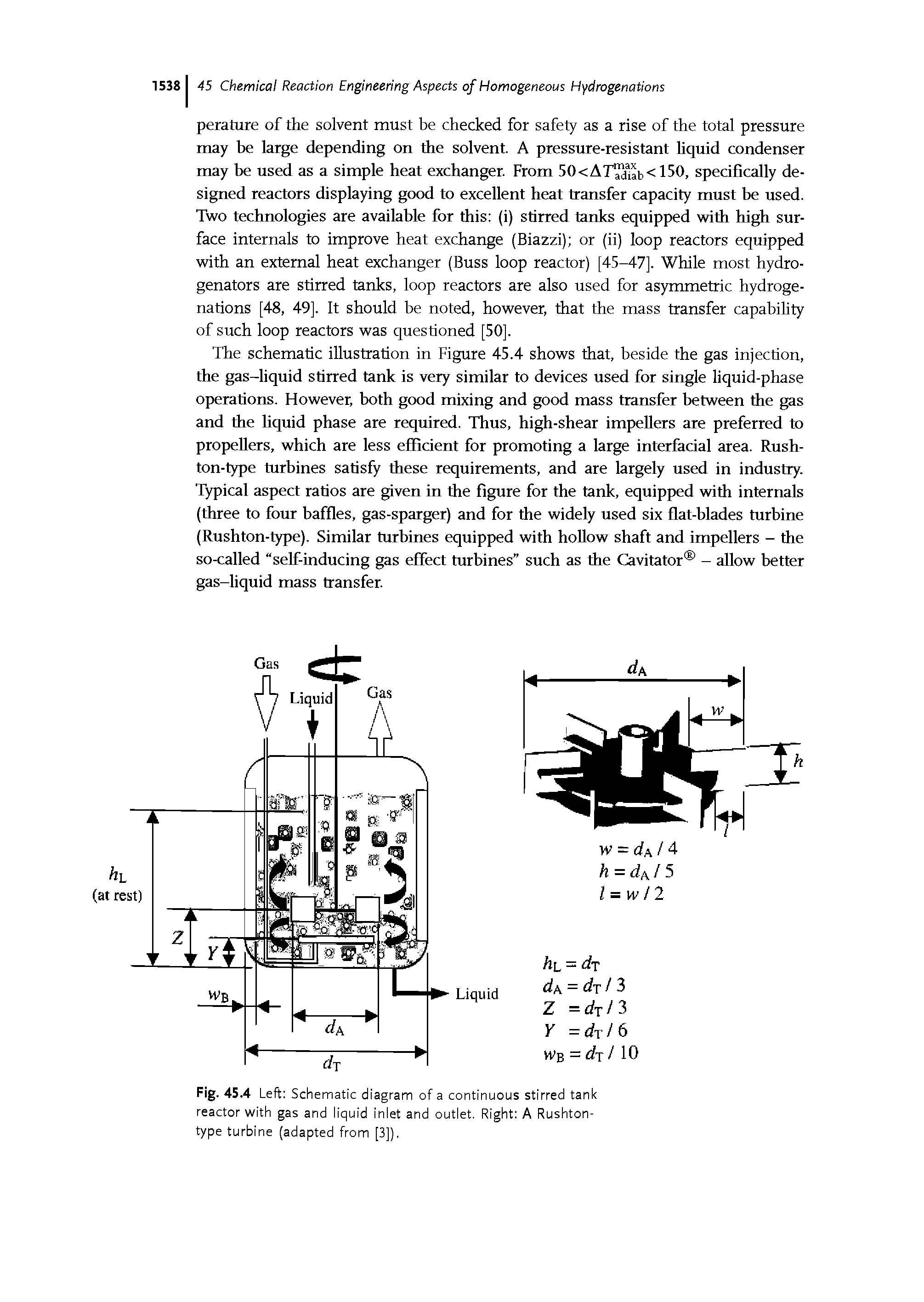 Fig. 45.4 Left Schematic diagram of a continuous stirred tank reactor with gas and liquid inlet and outlet. Right A Rushton-type turbine (adapted from [3]).