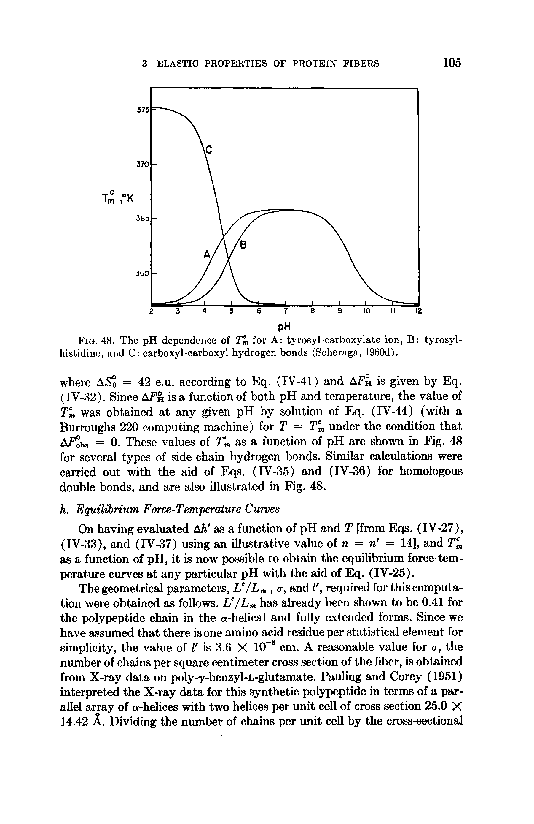 Fig. 48. The pH dependence of Tm for A tyrosyl-carboxylate ion, B tyrosyl-histidine, and C carboxyl-carboxyl hydrogen bonds (Scheraga, 1960d).