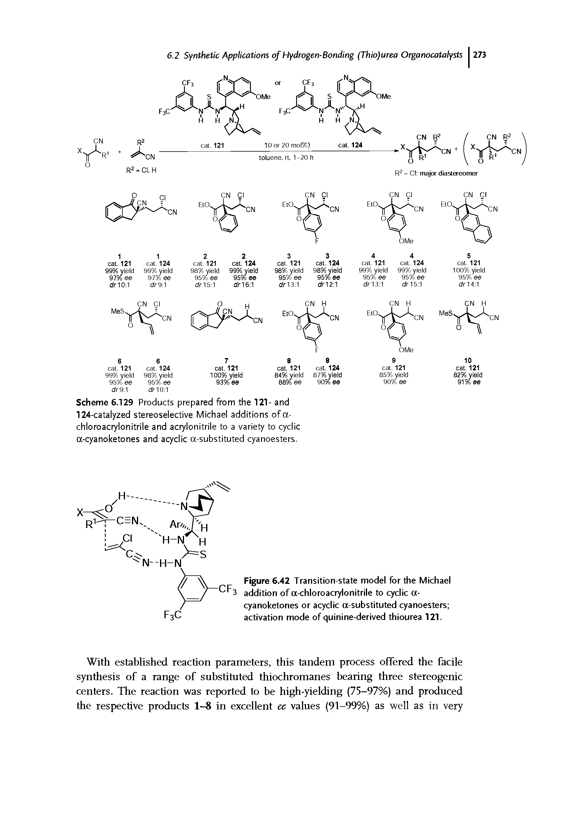 Scheme 6.129 Products prepared from the 121- and 124-catalyzed stereoselective Michael additions of a-chloroacrylonitrile and acrylonitrile to a variety to cyclic a-cyanoketones and acyclic a-substituted cyanoesters.