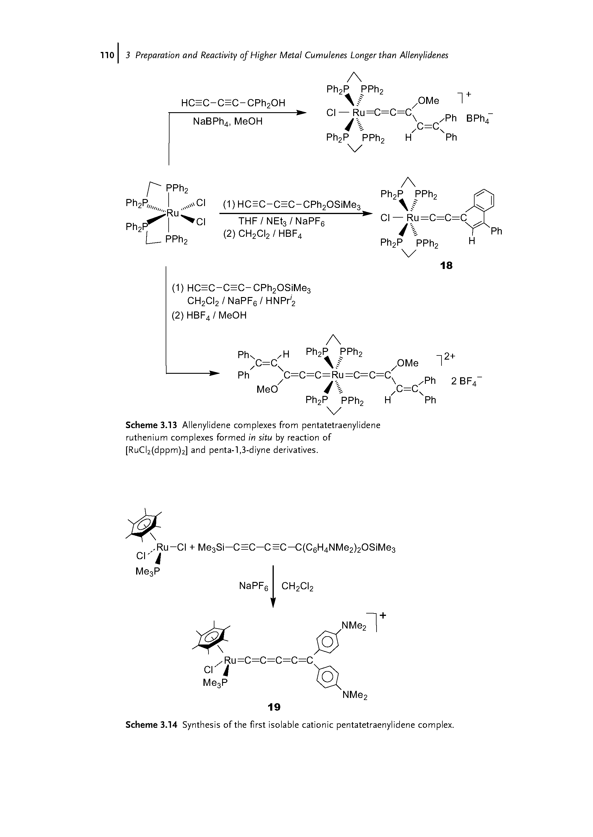 Scheme 3.13 Allenylidene complexes from pentatetraenylidene ruthenium complexes formed in situ by reaction of [RuCl2(dppm)2] and penta-l,3-diyne derivatives.