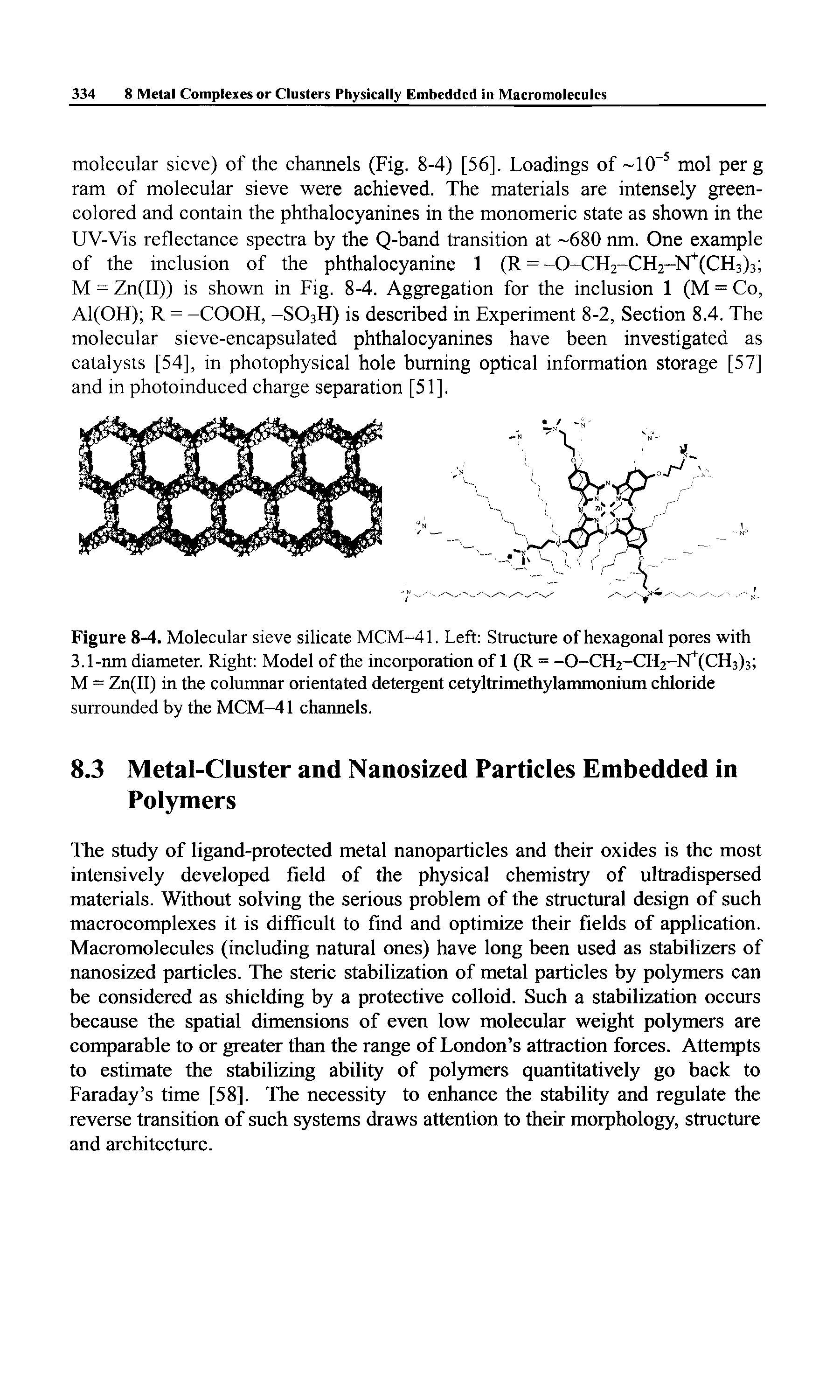 Figure 8-4. Molecular sieve silicate MCM-41. Left Structure of hexagonal pores with 3.1-nm diameter. Right Model of the incorporation of 1 (R = -0-CH2-CH2-N (013)3 M = Zn(II) in the columnar orientated detergent cetyltrimethylammonium chloride surrounded by the MCM-41 chaimels.
