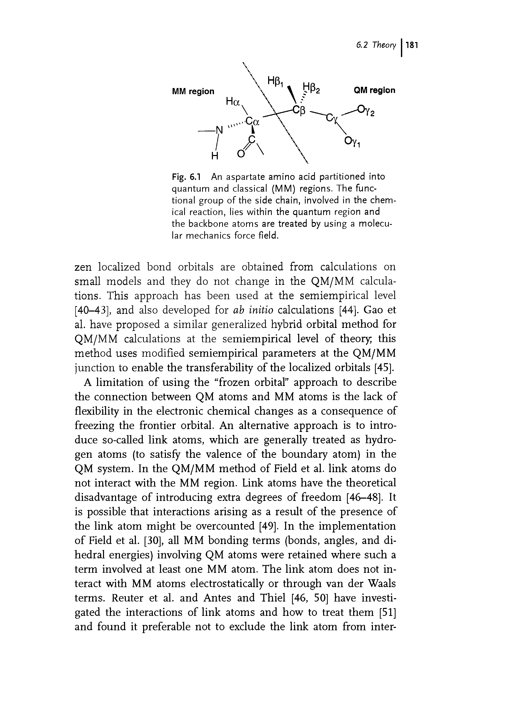 Fig. 6.1 An aspartate amino acid partitioned into quantum and classical (MM) regions. The functional group of the side chain, involved in the chemical reaction, lies within the quantum region and the backbone atoms are treated by using a molecular mechanics force field.