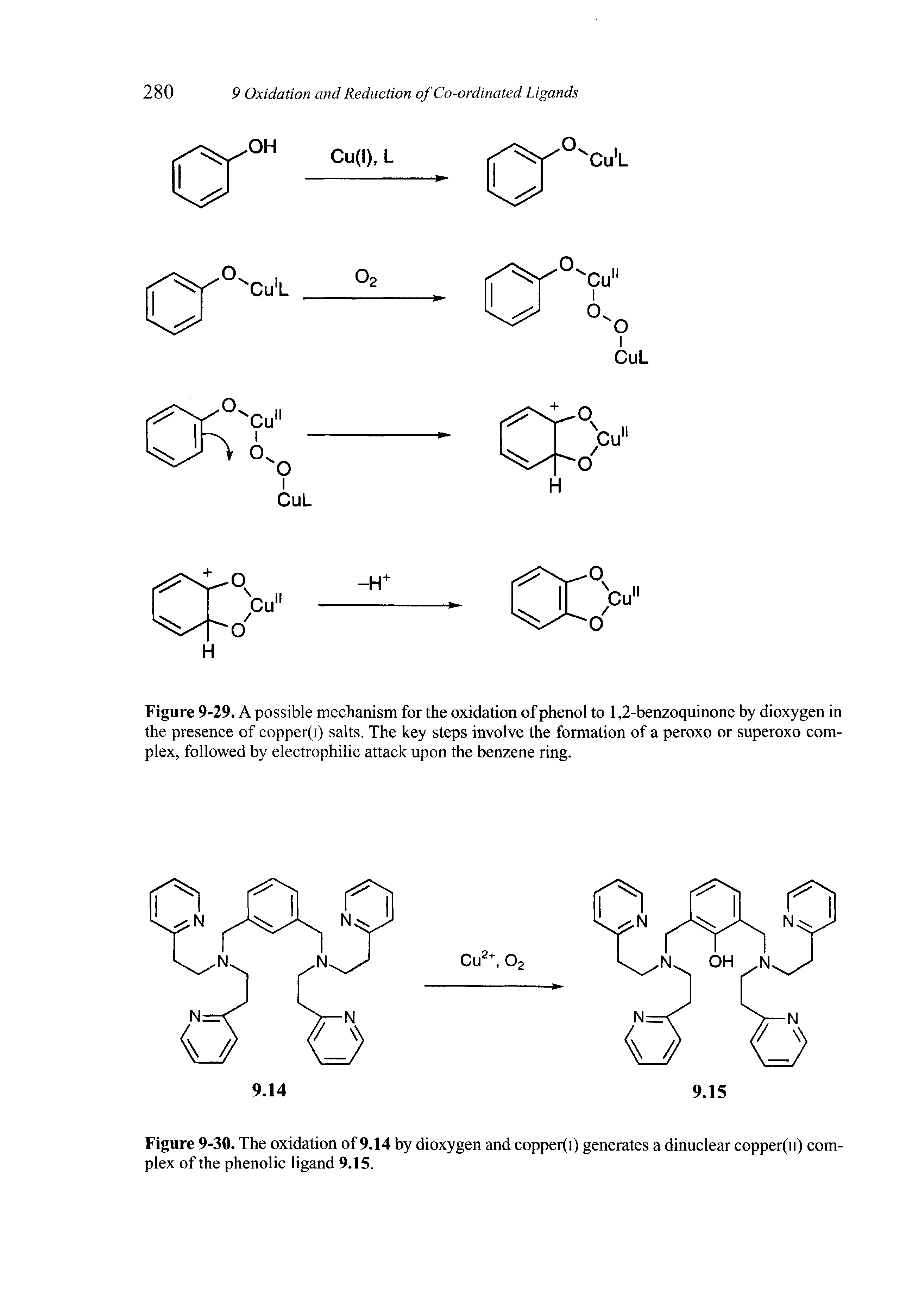 Figure 9-29. A possible mechanism for the oxidation of phenol to 1,2-benzoquinone by dioxygen in the presence of copper(i) salts. The key steps involve the formation of a peroxo or superoxo complex, followed by electrophilic attack upon the benzene ring.