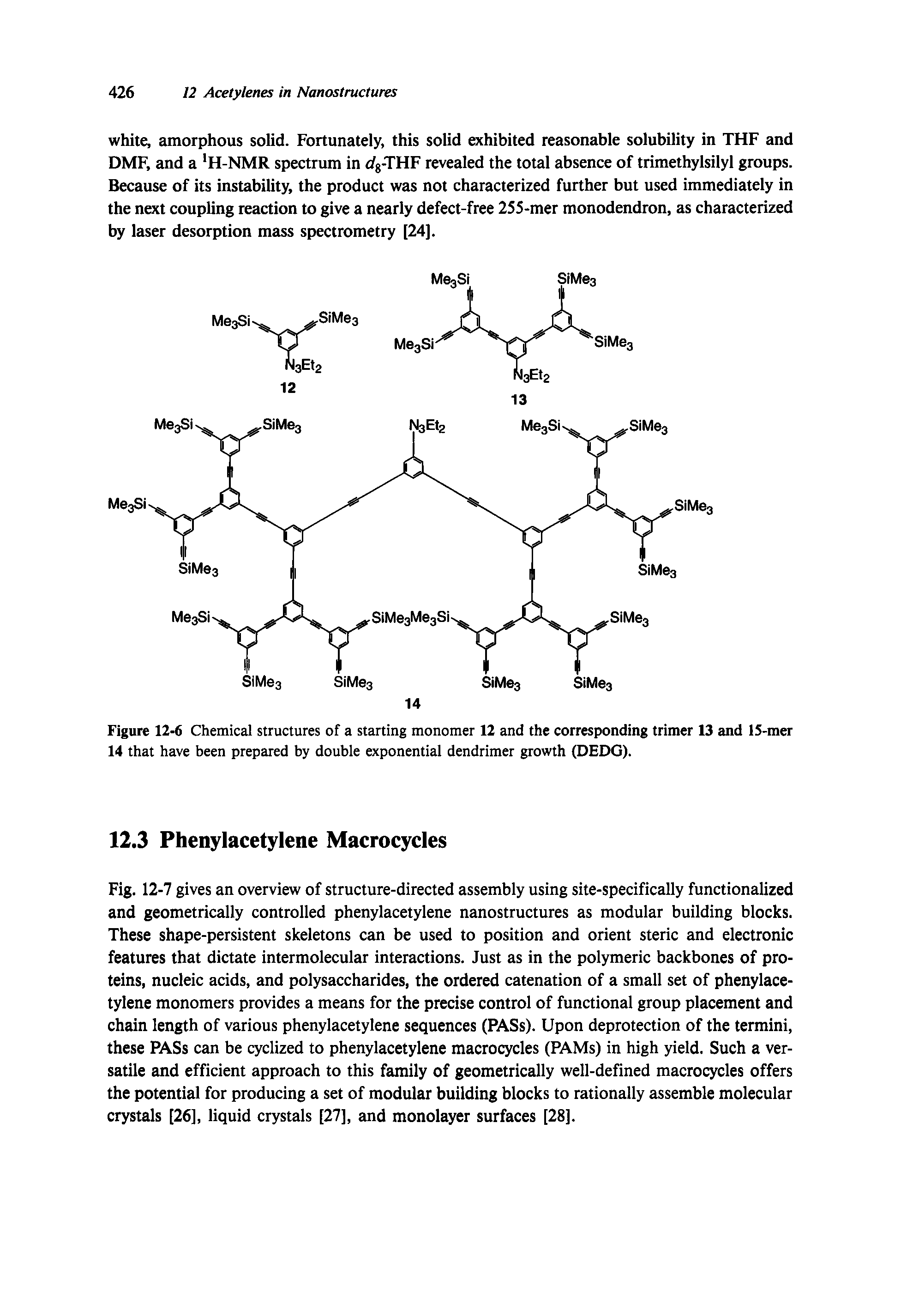 Figure 12-6 Chemical structures of a starting monomer 12 and the corresponding trimer 13 and 15-mer 14 that have been prepared by double exponential dendrimer growth (DEDG).