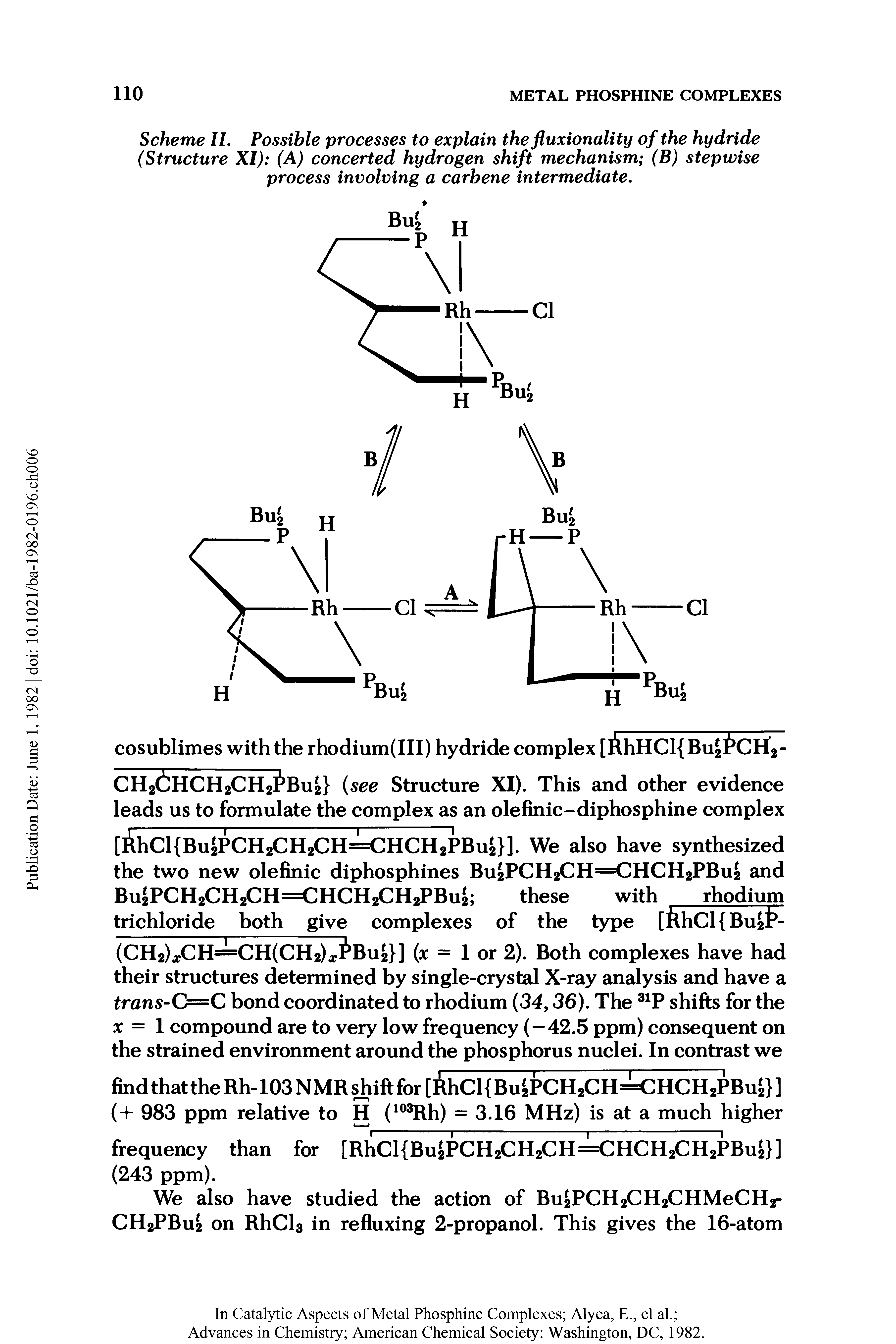 Scheme II. Possible processes to explain the fluxionality of the hydride (Structure XI) (A) concerted hydrogen shift mechanism (B) stepwise process involving a carbene intermediate.
