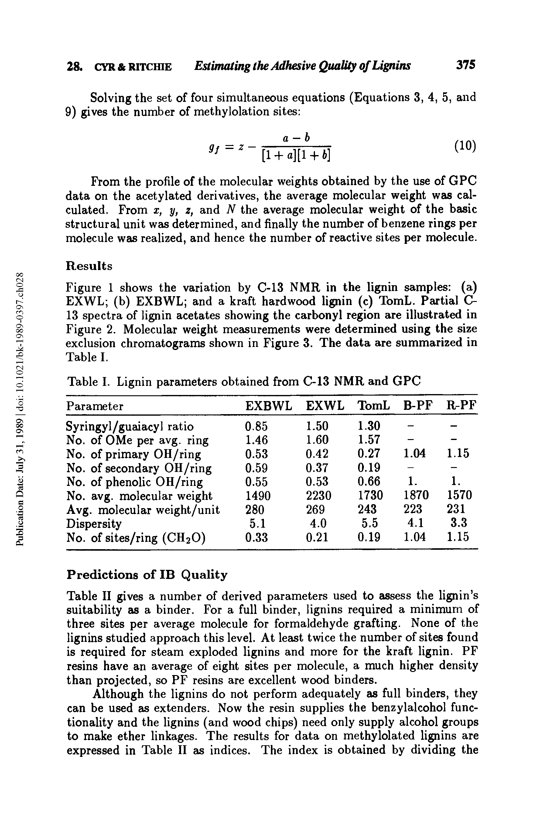 Table II gives a number of derived parameters used to assess the lignin s suitability as a binder. For a full binder, lignins required a minimum of three sites per average molecule for formaldehyde grafting. None of the lignins studied approach this level. At least twice the number of sites found is required for steam exploded lignins and more for the kraft lignin. PF resins have an average of eight sites per molecule, a much higher density than projected, so PF resins are excellent wood binders.