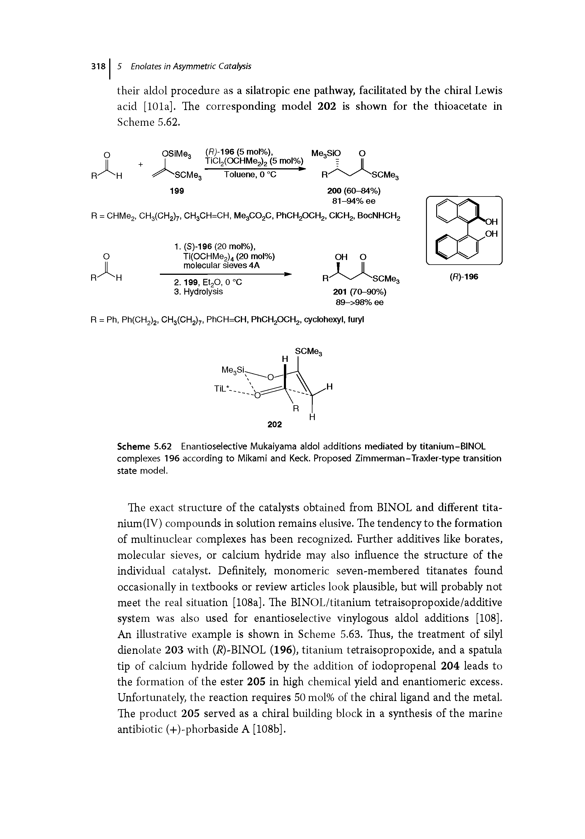 Scheme 5.62 Enantioselective Mukaiyama aldol additions mediated by titanium-BINOL complexes 196 according to Mikami and Keck. Proposed Zimmerman-Traxler-type transition state model.
