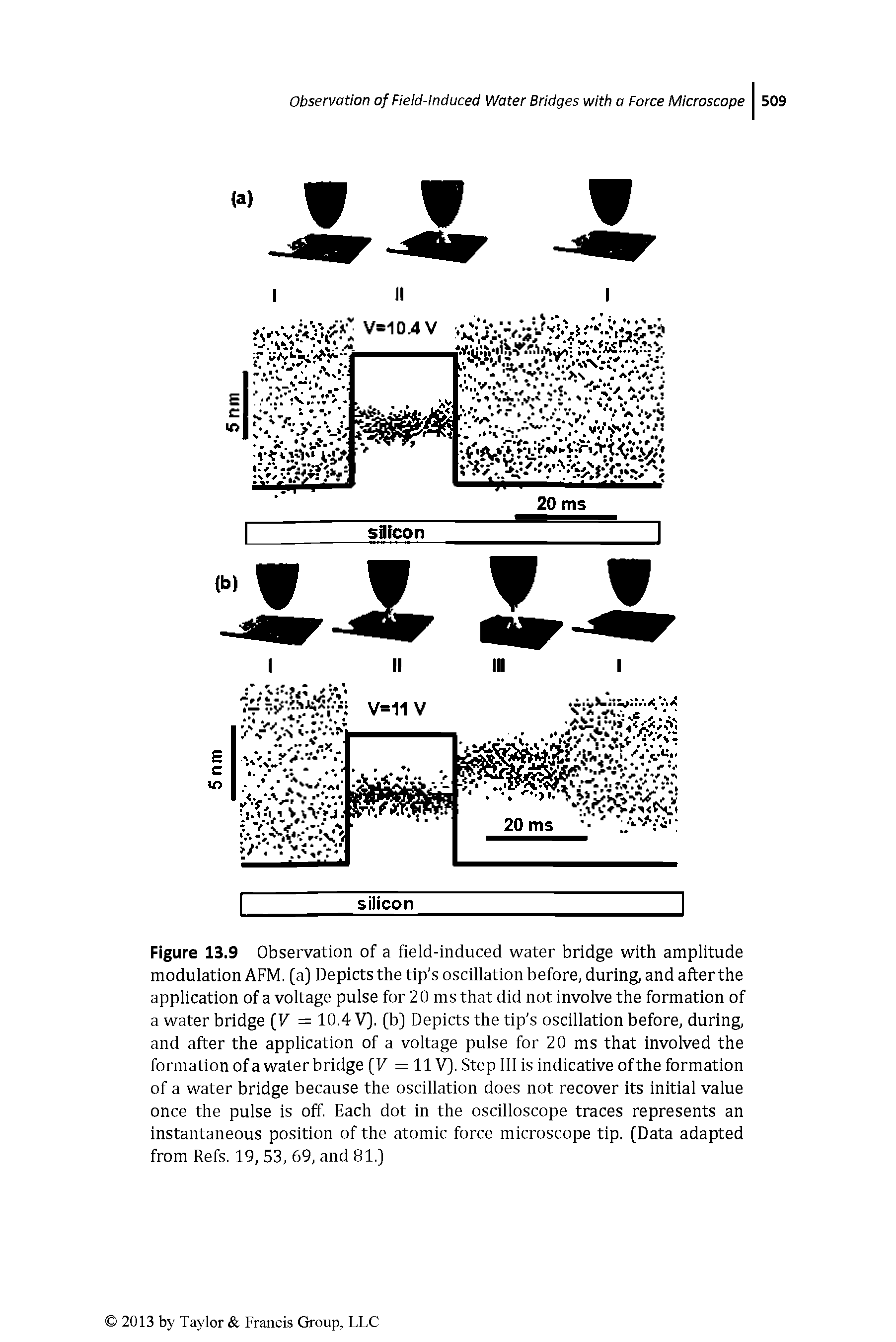 Figure 13.9 Observation of a field-induced water bridge with amplitude modulation AFM. [a] Depicts the tip s oscillation before, during, and after the application of a voltage pulse for 20 ms that did not involve the formation of a water bridge [V = 10.4 V], [b] Depicts the tip s oscillation before, during, and after the application of a voltage pulse for 20 ms that involved the formation ofa water bridge [V = 11V], Step ill is indicative of the formation of a water bridge because the oscillation does not recover its initial value once the pulse is off. Each dot in the oscilloscope traces represents an instantaneous position of the atomic force microscope tip. [Data adapted from Refs. 19, 53, 69, and 81.]...