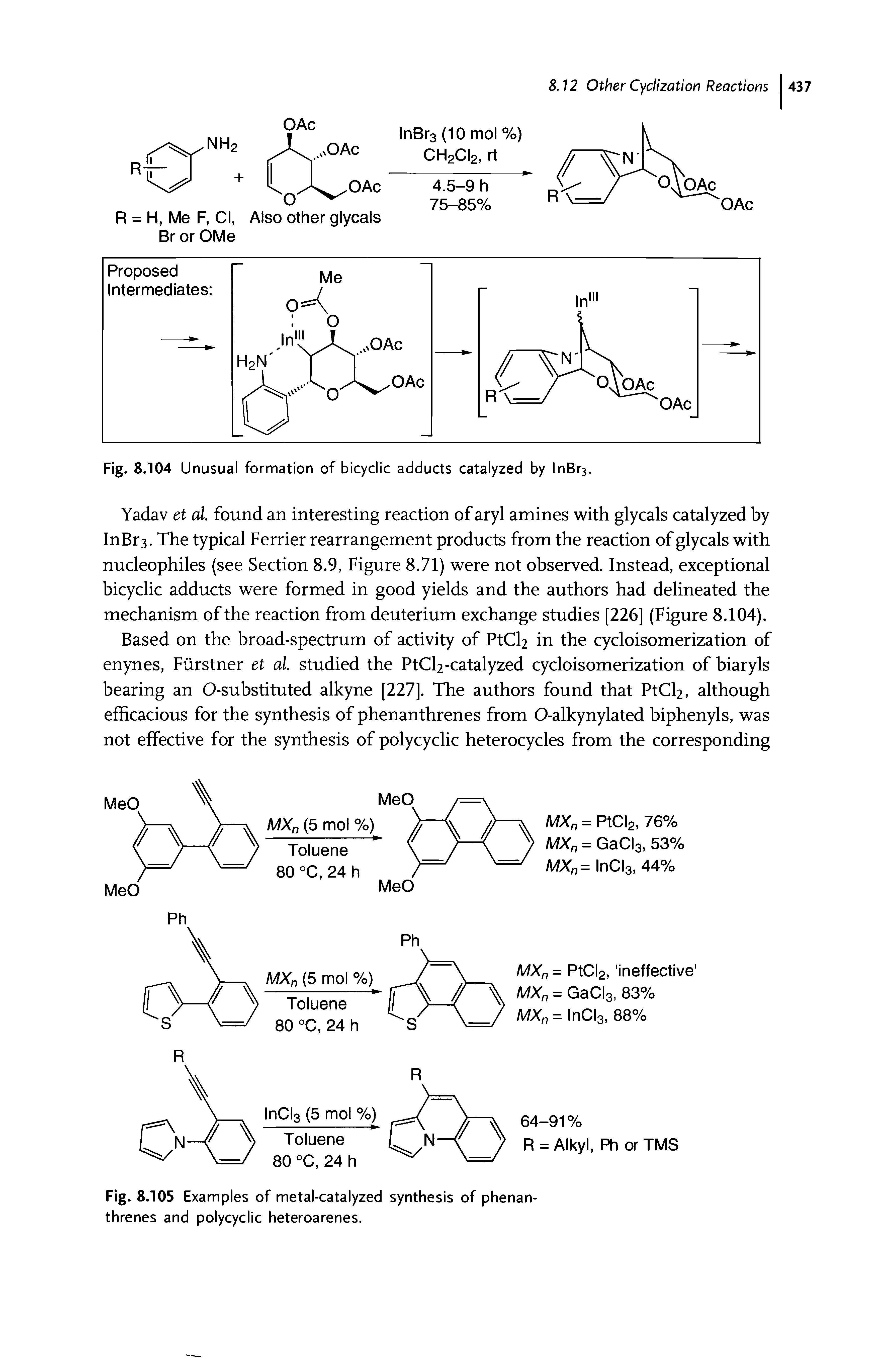 Fig. 8.105 Examples of metal-catalyzed synthesis of phenanthrenes and polycyclic heteroarenes.