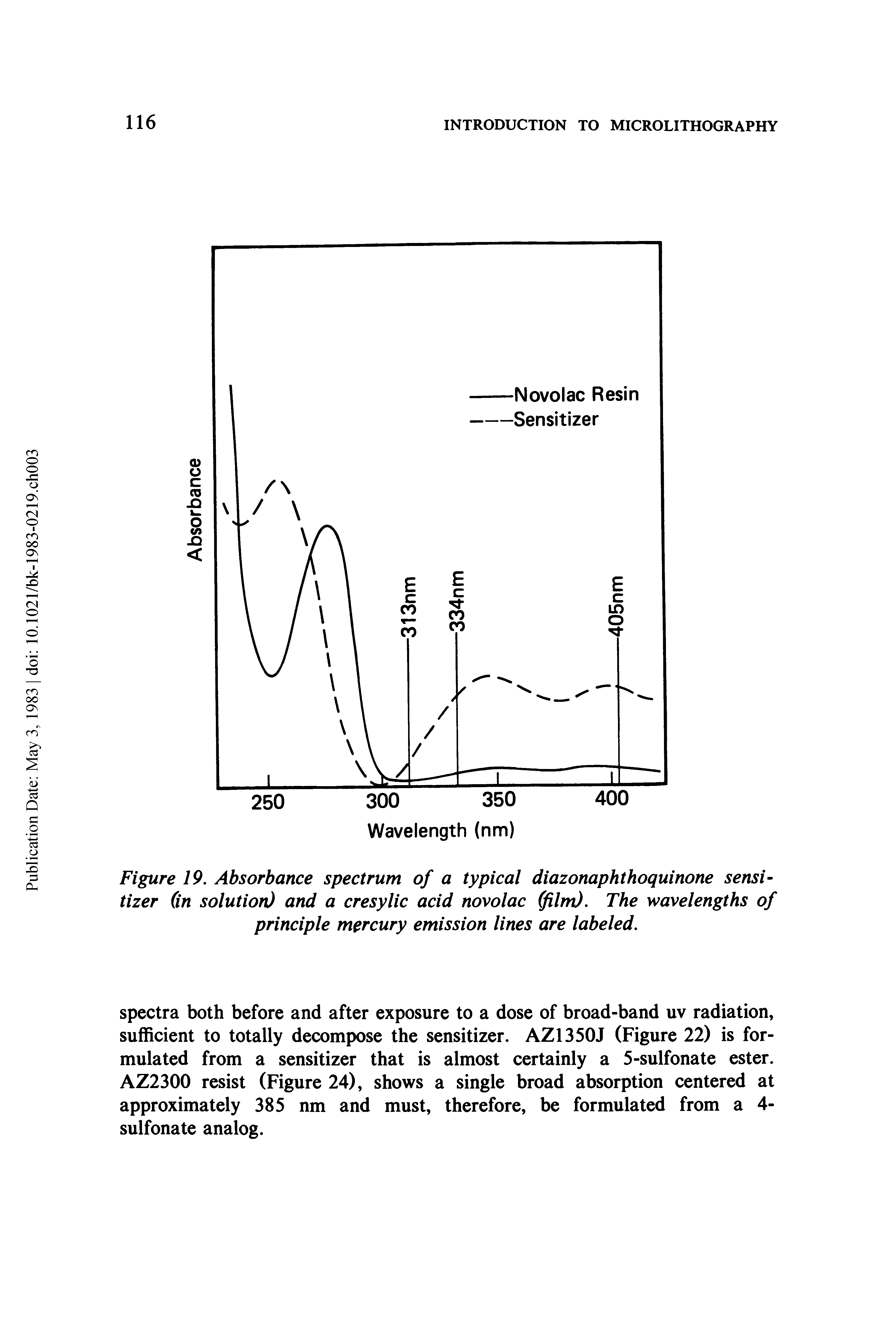 Figure 19. Absorbance spectrum of a typical diazonaphthoquinone sensitizer (in solution) and a cresylic acid novolac (film). The wavelengths of principle mercury emission lines are labeled.