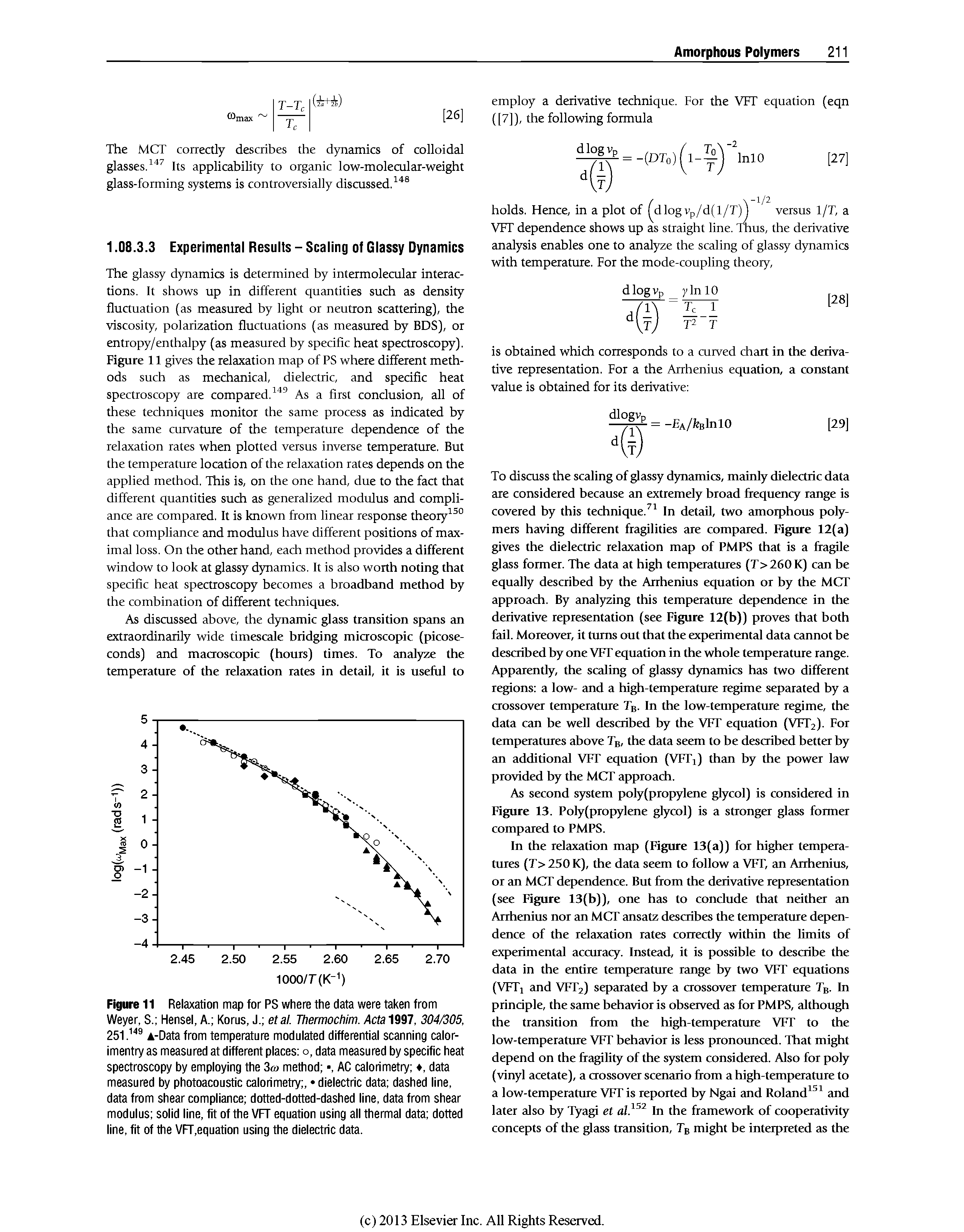 Figure 11 Relaxation map for PS where the data were taken from Weyer, S. Hensel, A. Korus, J. etal. Thermochim. Acta 1997, 304/305, 251. A-Datafrom temperature modulated differential scanning calor-Imentry as measured at different places o, data measured by specific heat spectroscopy by employing the 3o method , AC calorimetry , data measured by photoacoustic calorimetry , dielectric data dashed line, data from shear compliance dotted-dotted-dashed line, data from shear modulus solid line, fit of the VF equation using all thermal data dotted line, fit of the VF,equation using the dielectric data.