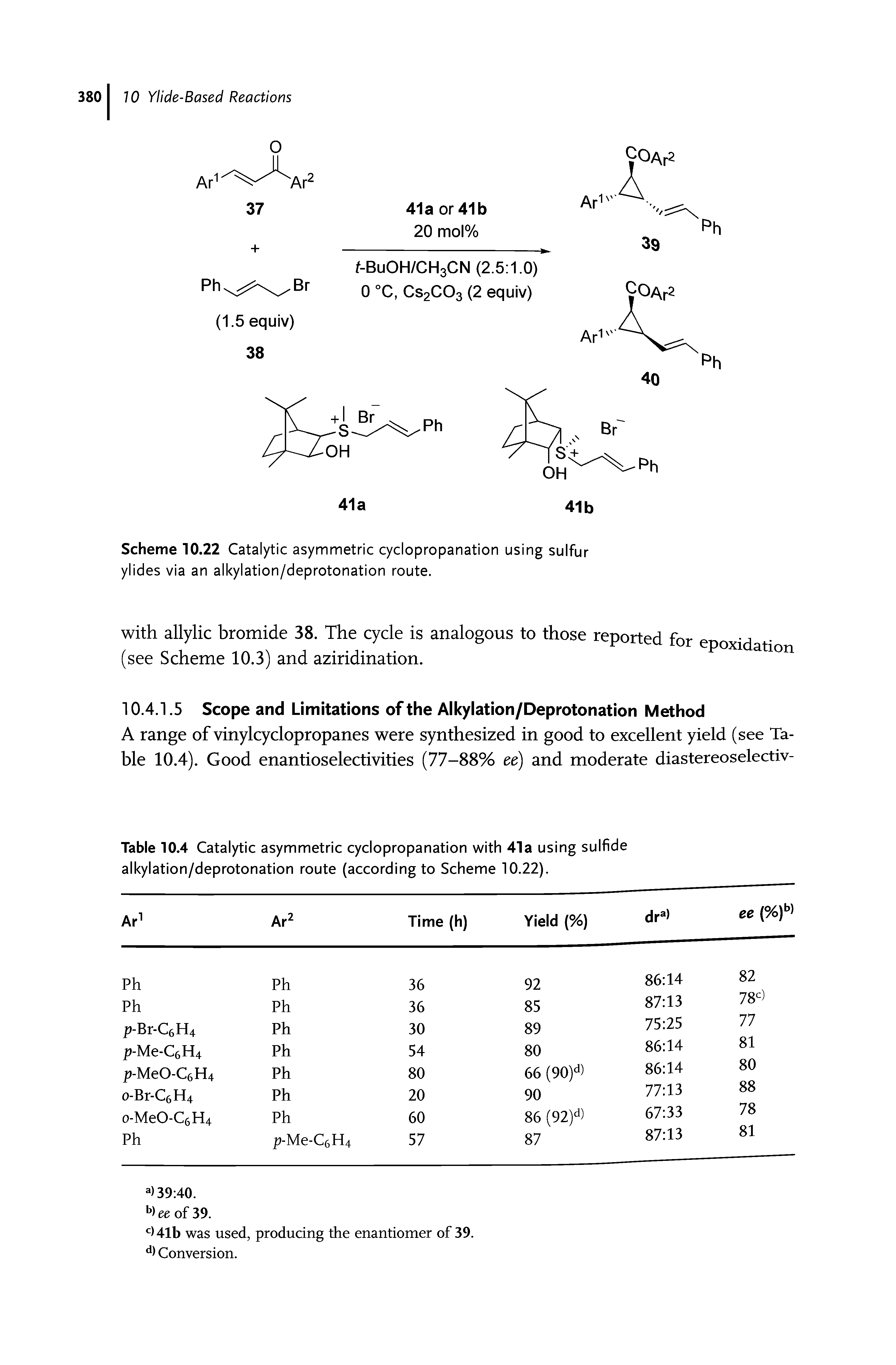 Table 10.4 Catalytic asymmetric cyclopropanation with 41a using sulfide alkylation/deprotonation route (according to Scheme 10.22).